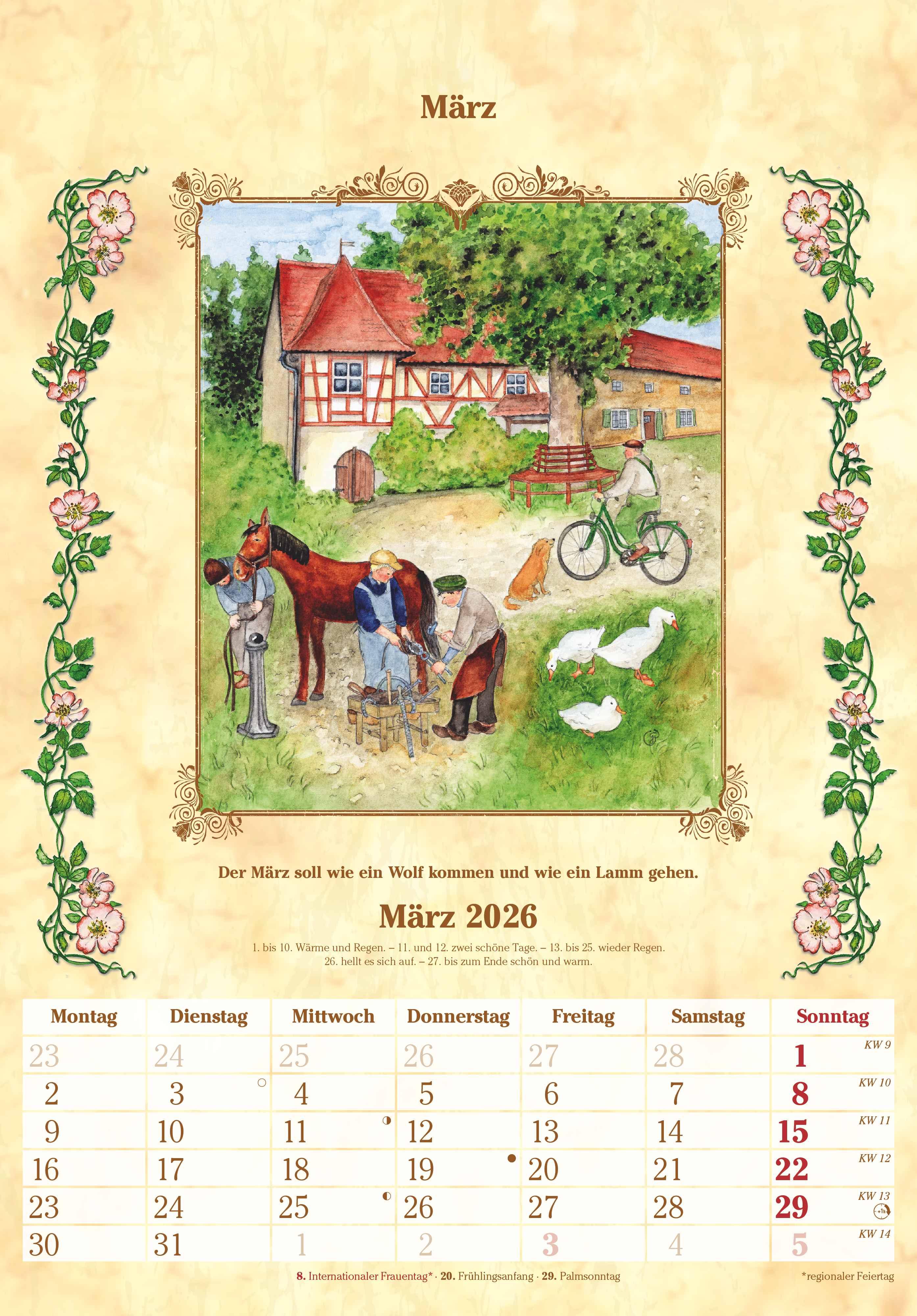 Beispielinhalt (Bild) Bauernkalender 2026 - Bildkalender 23,7x34 cm - mit Wetterprognosen, Bauernregeln und liebevollen Illustrationen - Wandkalender - Alpha Edition