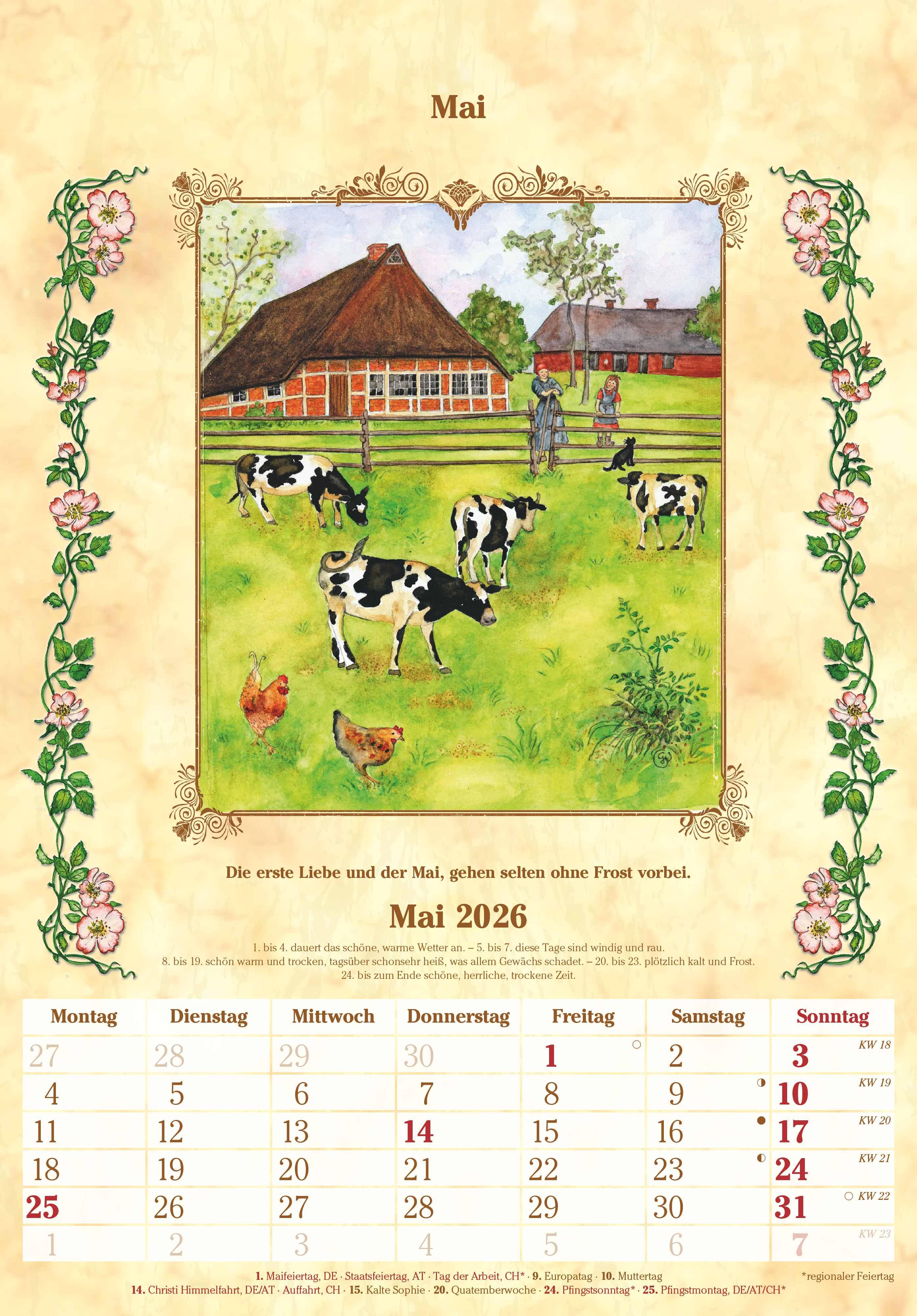 Beispielinhalt (Bild) Bauernkalender 2026 - Bildkalender 23,7x34 cm - mit Wetterprognosen, Bauernregeln und liebevollen Illustrationen - Wandkalender - Alpha Edition