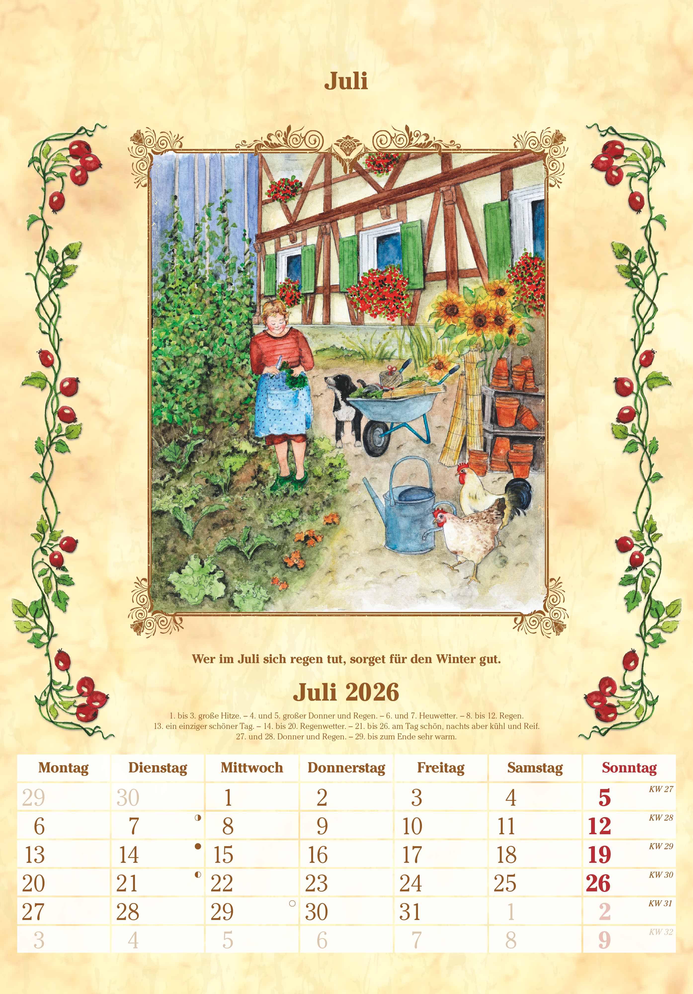 Beispielinhalt (Bild) Bauernkalender 2026 - Bildkalender 23,7x34 cm - mit Wetterprognosen, Bauernregeln und liebevollen Illustrationen - Wandkalender - Alpha Edition