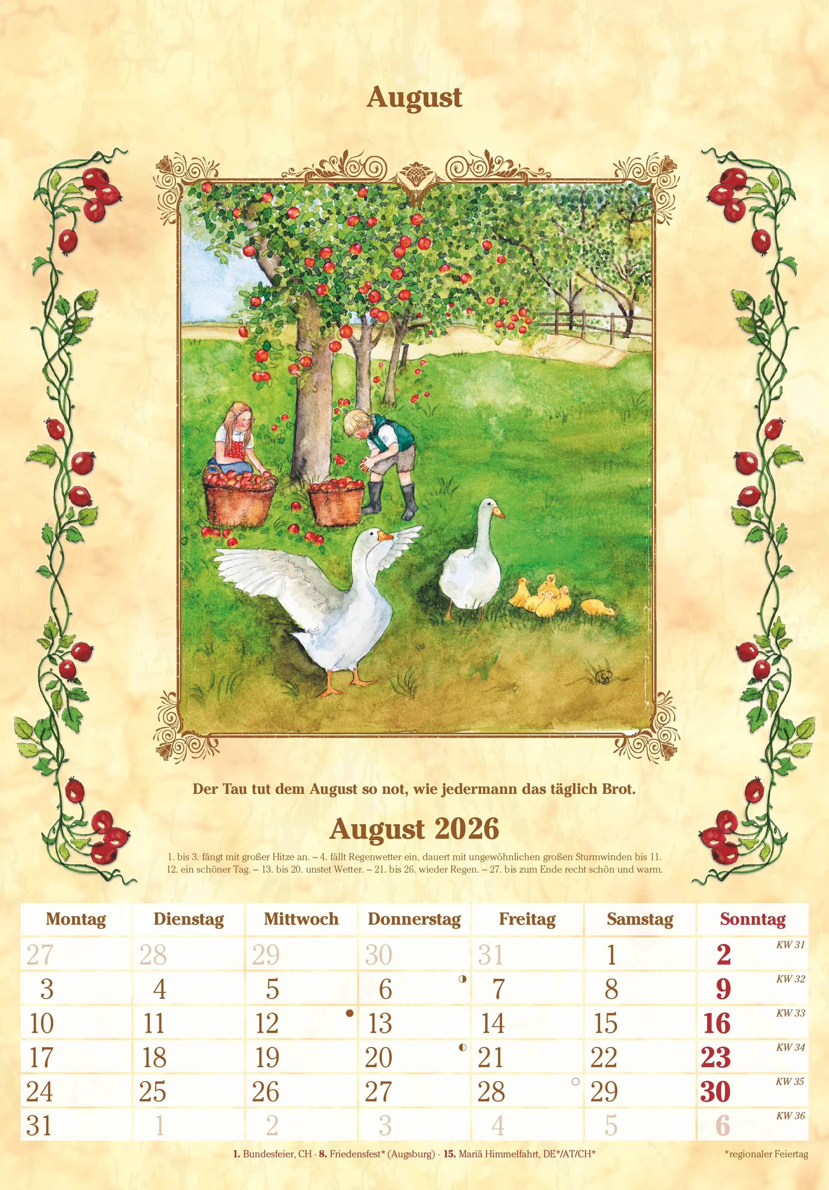 Beispielinhalt (Bild) Bauernkalender 2026 - Bildkalender 23,7x34 cm - mit Wetterprognosen, Bauernregeln und liebevollen Illustrationen - Wandkalender - Alpha Edition