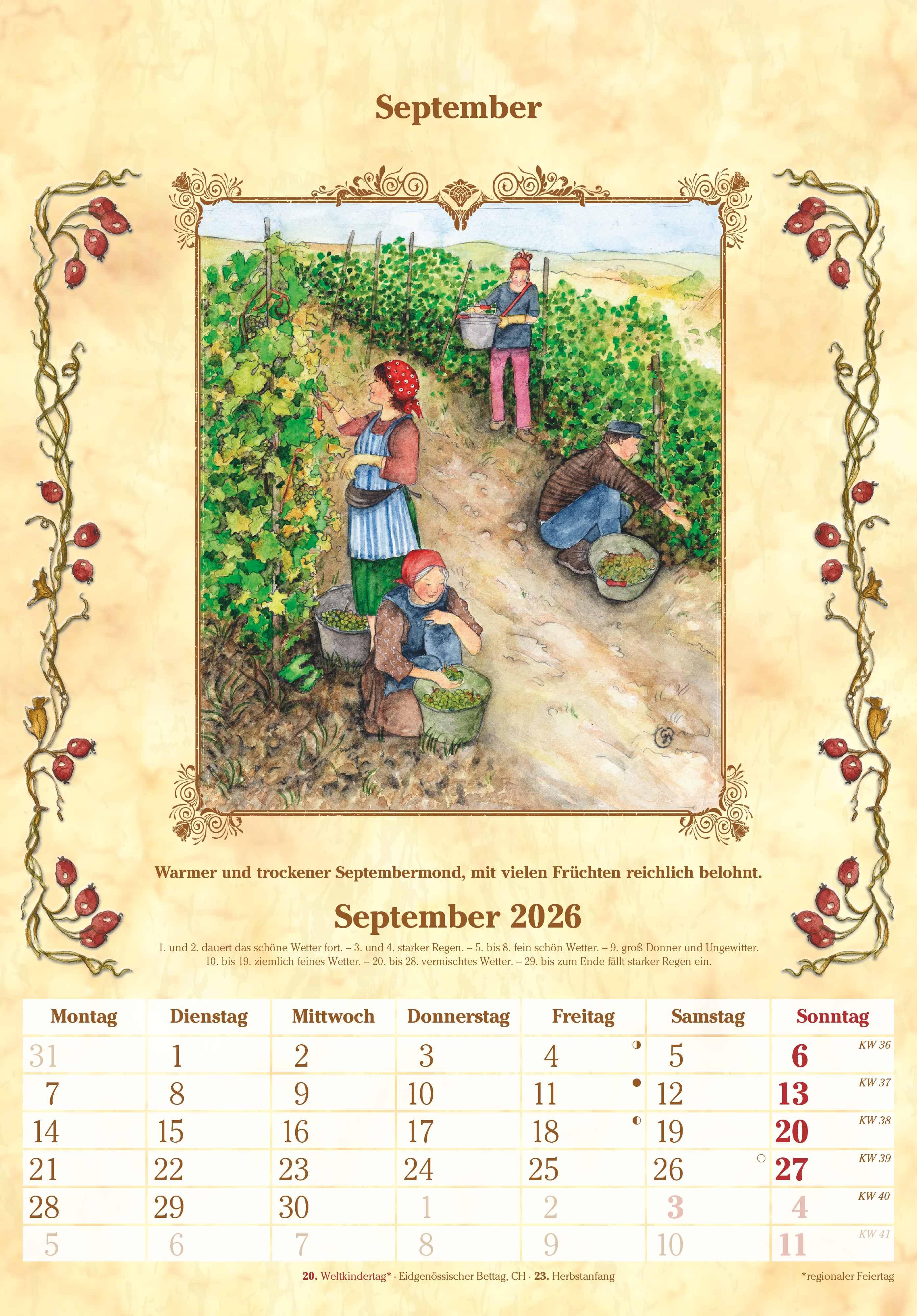 Beispielinhalt (Bild) Bauernkalender 2026 - Bildkalender 23,7x34 cm - mit Wetterprognosen, Bauernregeln und liebevollen Illustrationen - Wandkalender - Alpha Edition