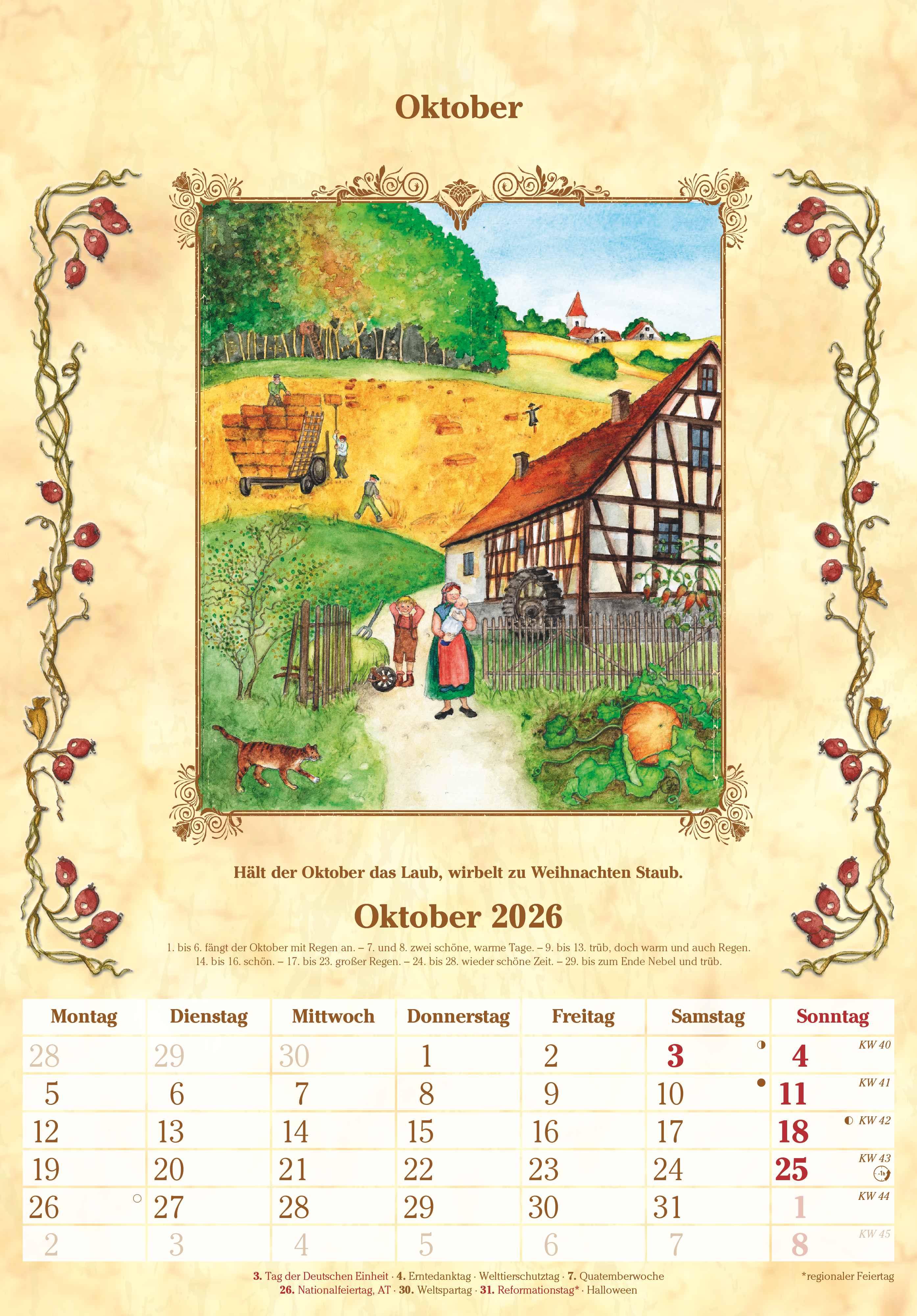 Beispielinhalt (Bild) Bauernkalender 2026 - Bildkalender 23,7x34 cm - mit Wetterprognosen, Bauernregeln und liebevollen Illustrationen - Wandkalender - Alpha Edition