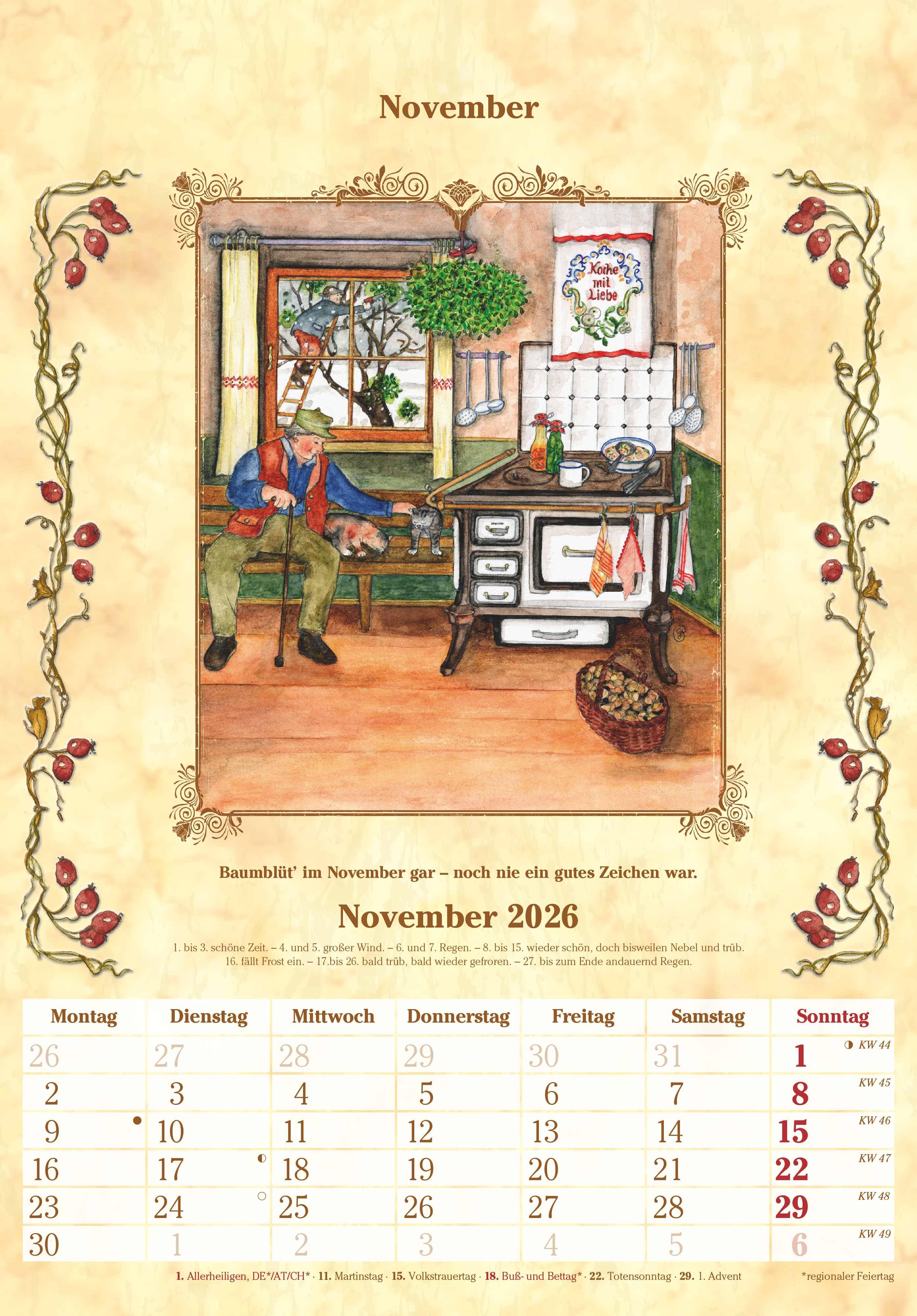Beispielinhalt (Bild) Bauernkalender 2026 - Bildkalender 23,7x34 cm - mit Wetterprognosen, Bauernregeln und liebevollen Illustrationen - Wandkalender - Alpha Edition