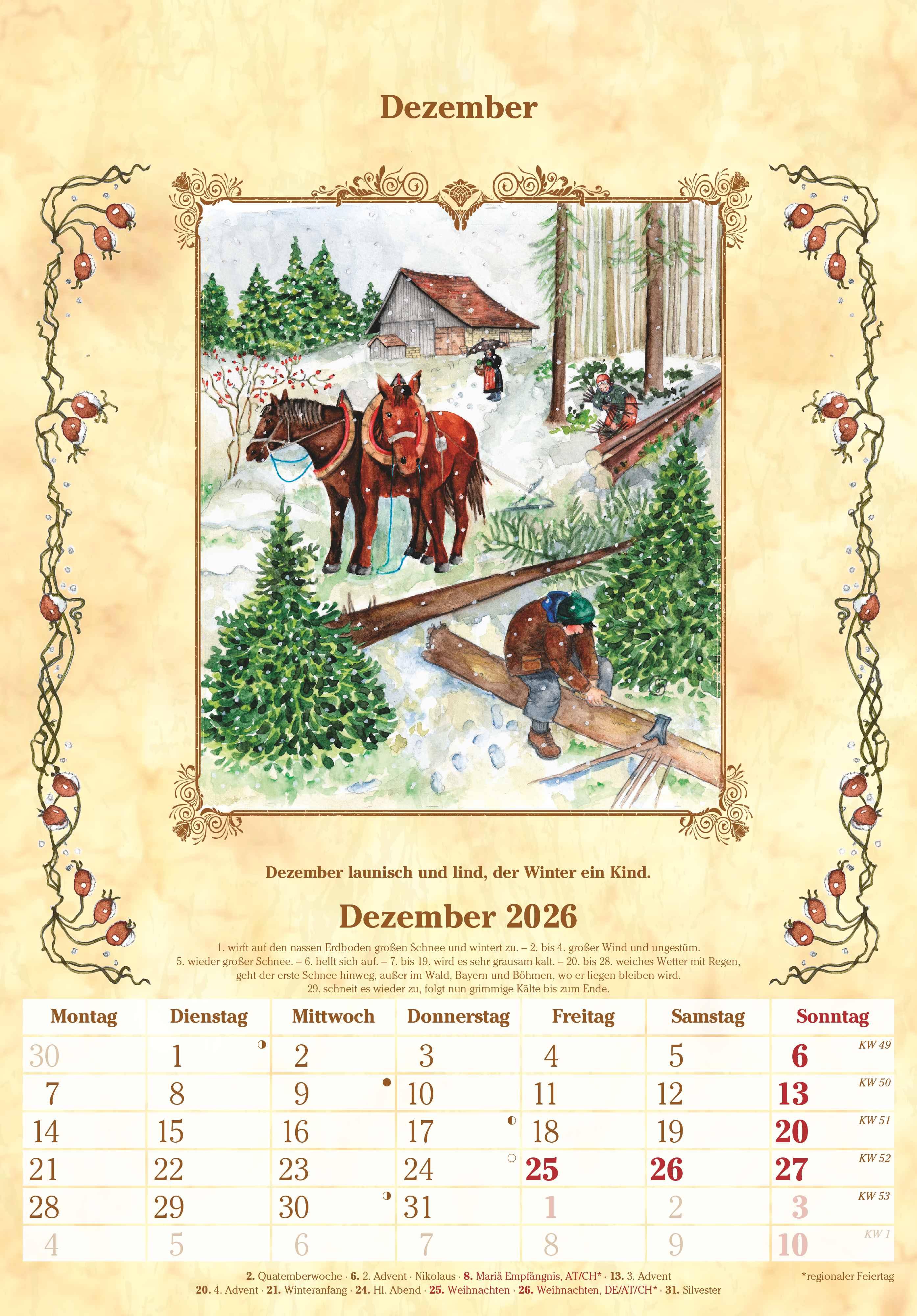 Beispielinhalt (Bild) Bauernkalender 2026 - Bildkalender 23,7x34 cm - mit Wetterprognosen, Bauernregeln und liebevollen Illustrationen - Wandkalender - Alpha Edition