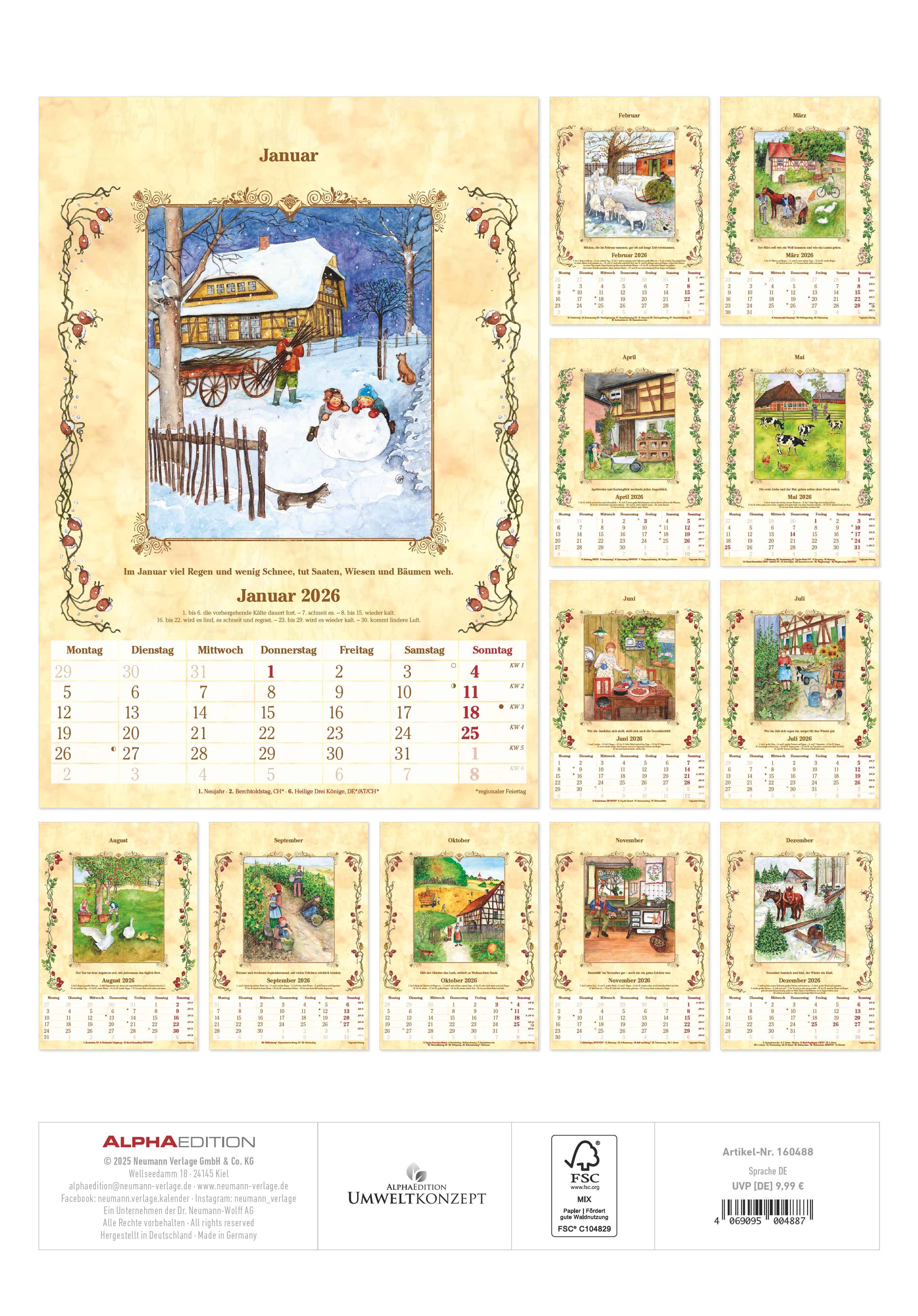 Rückseitencover Bauernkalender 2026 - Bildkalender 23,7x34 cm - mit Wetterprognosen, Bauernregeln und liebevollen Illustrationen - Wandkalender - Alpha Edition