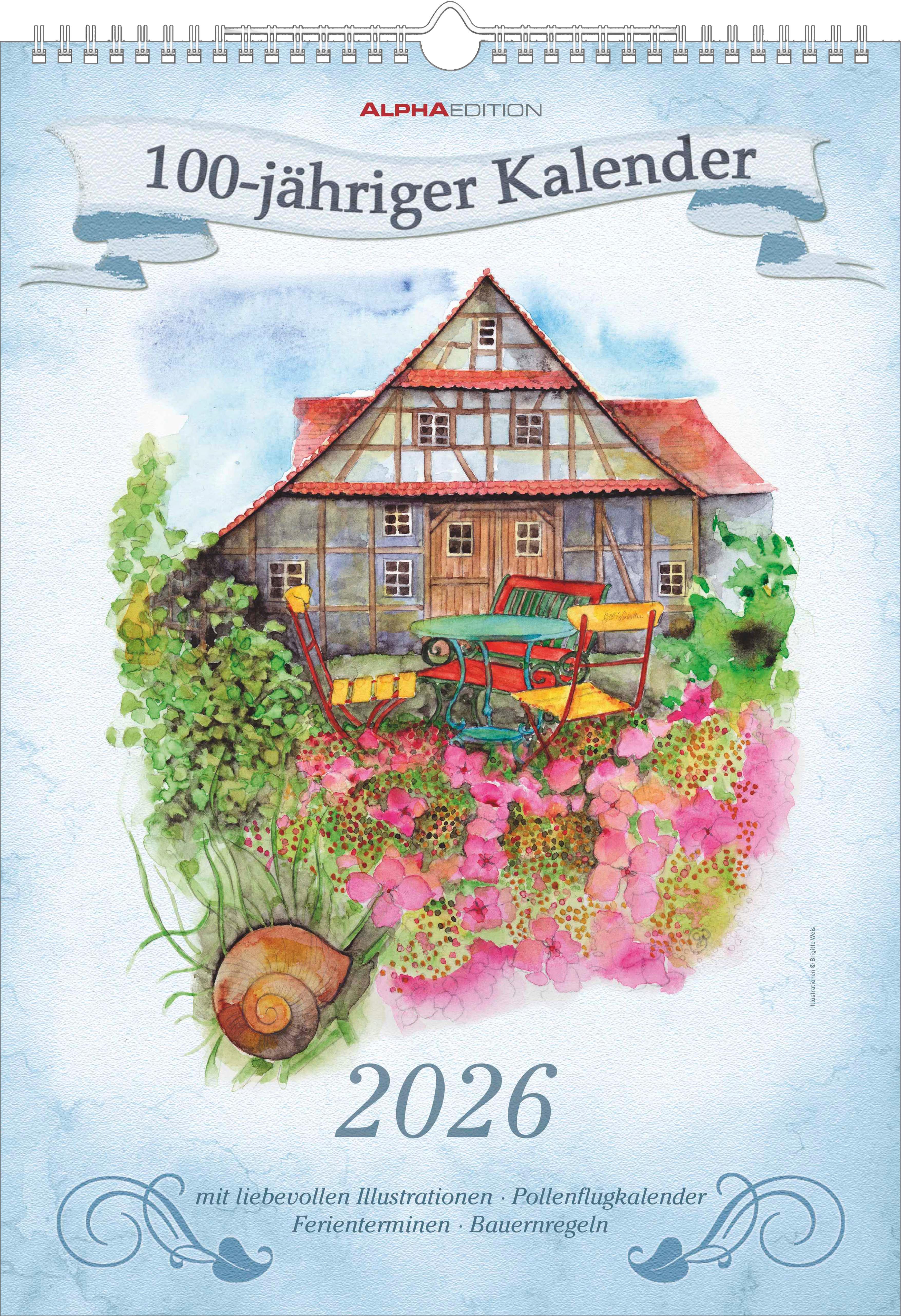 Vorderes Coverbild 100-jähriger Kalender 2026 - Bildkalender A3 (29,7x42 cm) - mit Feiertagen (DE/AT/CH) und Platz für Notizen - inkl. Bauernregeln - Wandkalender