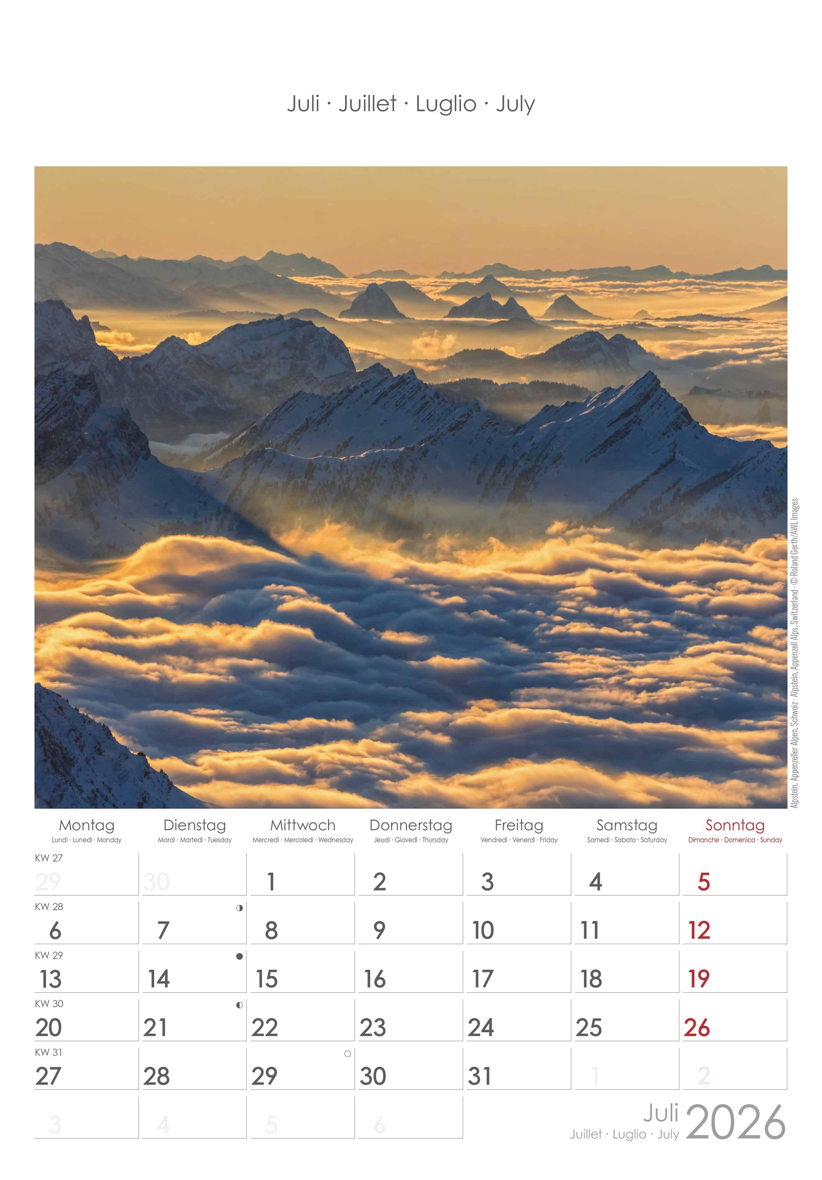 Beispielinhalt (Bild) Alpen 2026 - Bild-Kalender 23,7x34 cm - The Alps - Wandkalender - mit Platz für Notizen - Alpha Edition