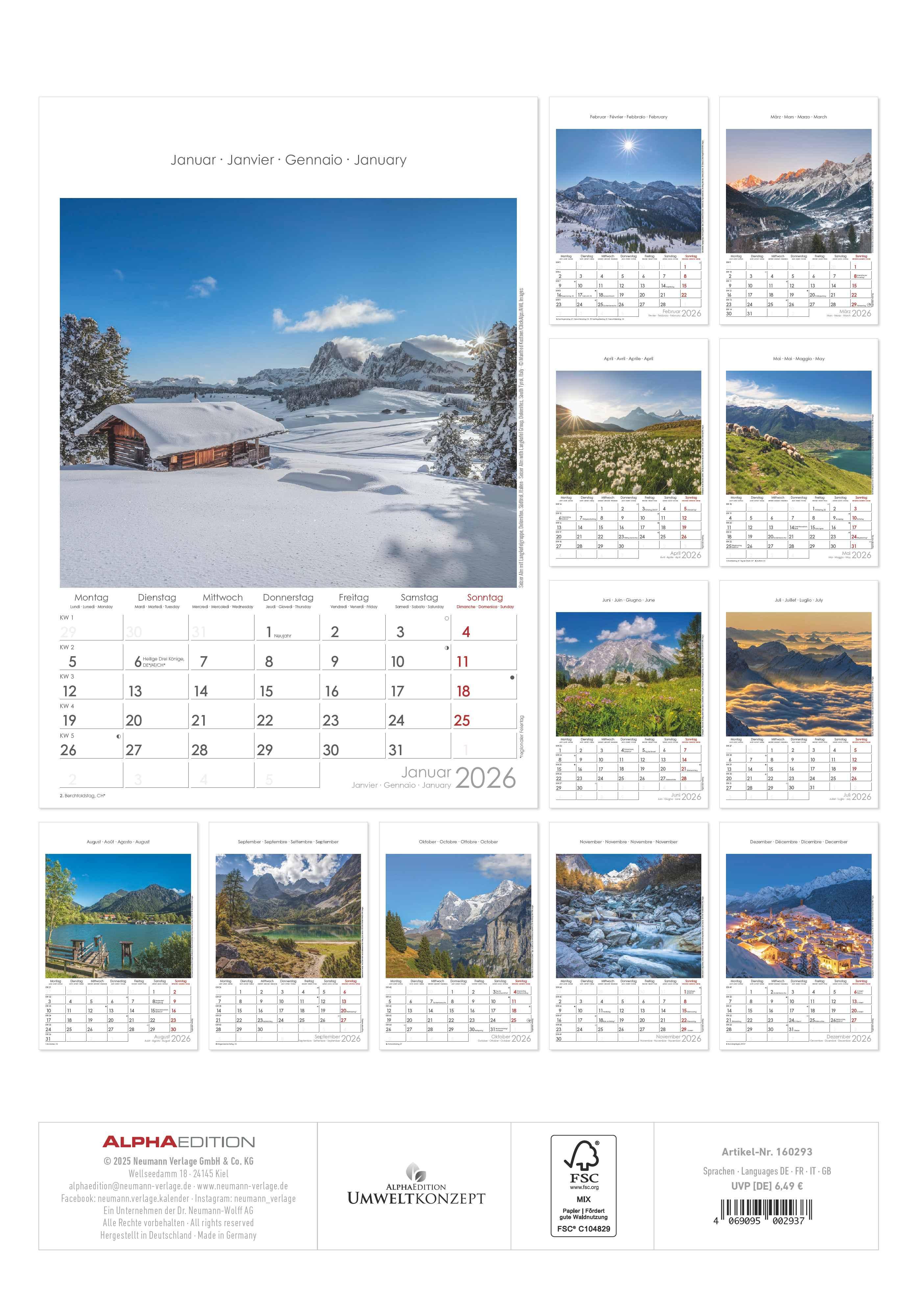Beispielinhalt (Bild) Alpen 2026 - Bild-Kalender 23,7x34 cm - The Alps - Wandkalender - mit Platz für Notizen - Alpha Edition