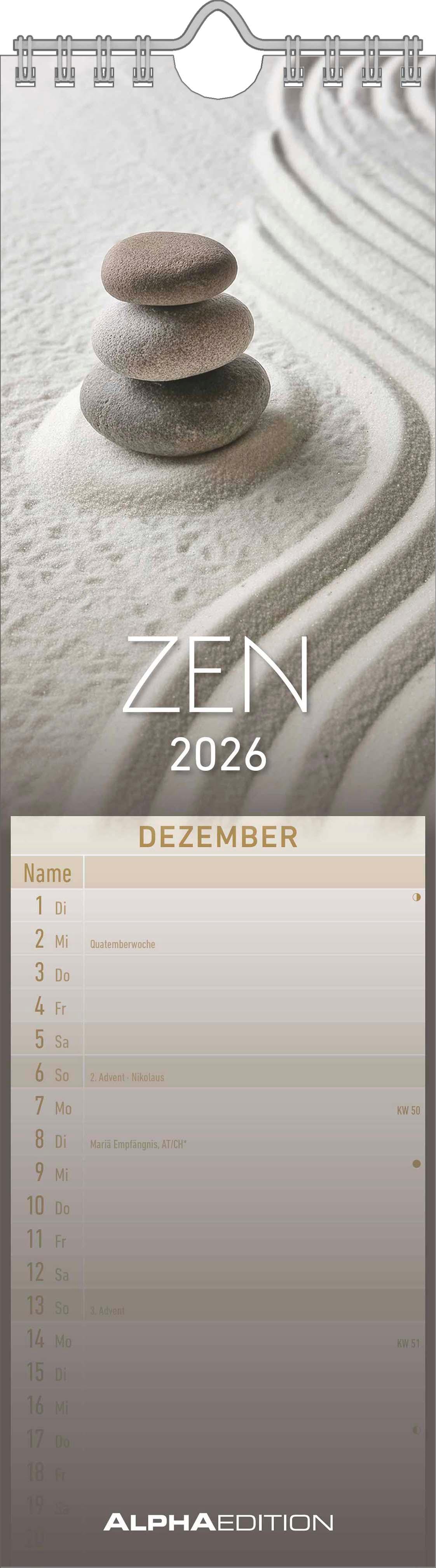 Vorderes Coverbild Streifenplaner Mini Zen 2026 - Streifen-Kalender 9,5x33 cm - Harmonie und Achtsamkeit - Wandplaner - Küchenkalender - Alpha Edition