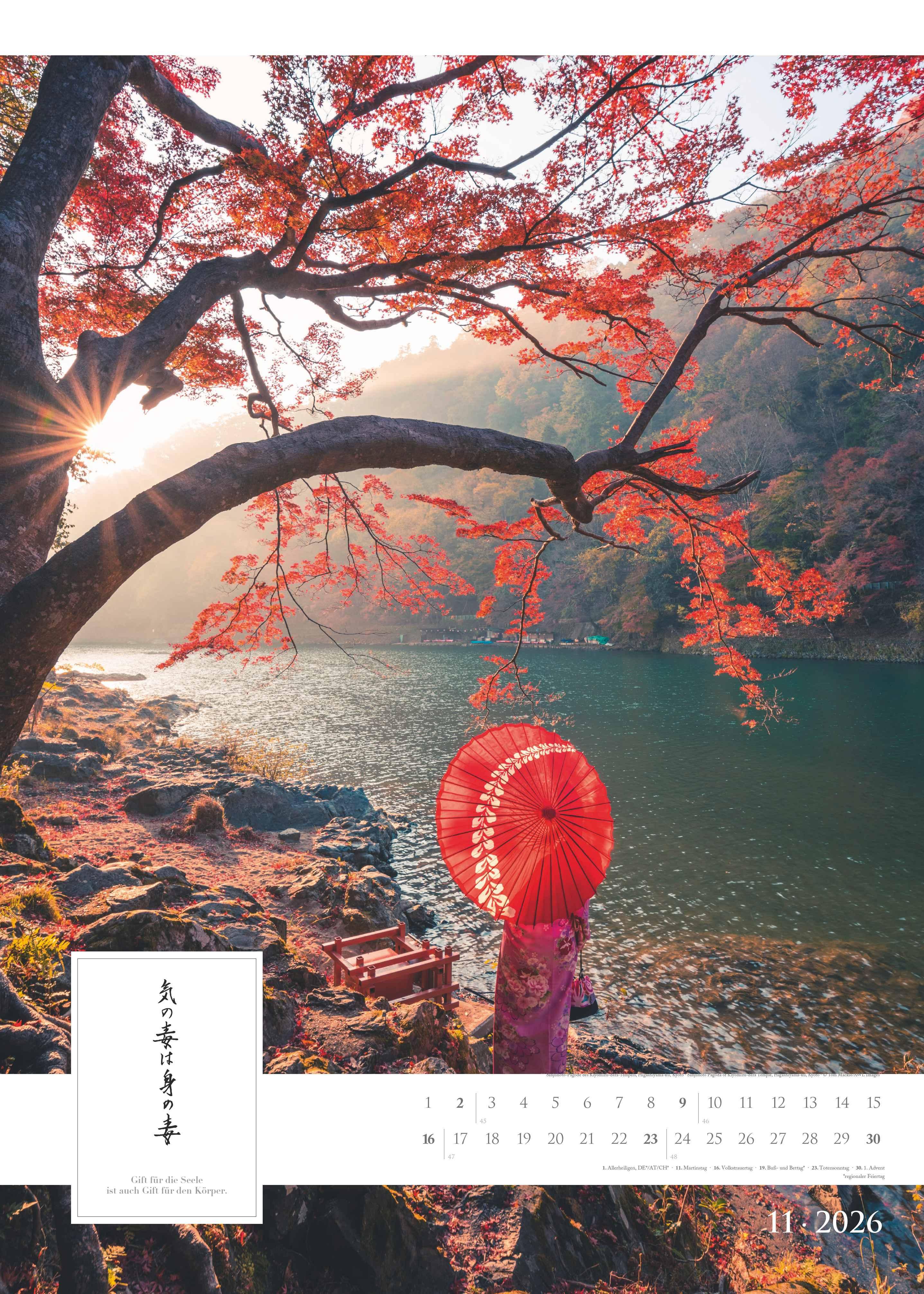 Beispielinhalt (Bild) Spirit of Japan 2026 - Bildkalender XXL 50x70 cm - mit japanischer Kalligraphie, inkl. Übersetzung - Landschaftskalender - Wandkalender - Wandplaner