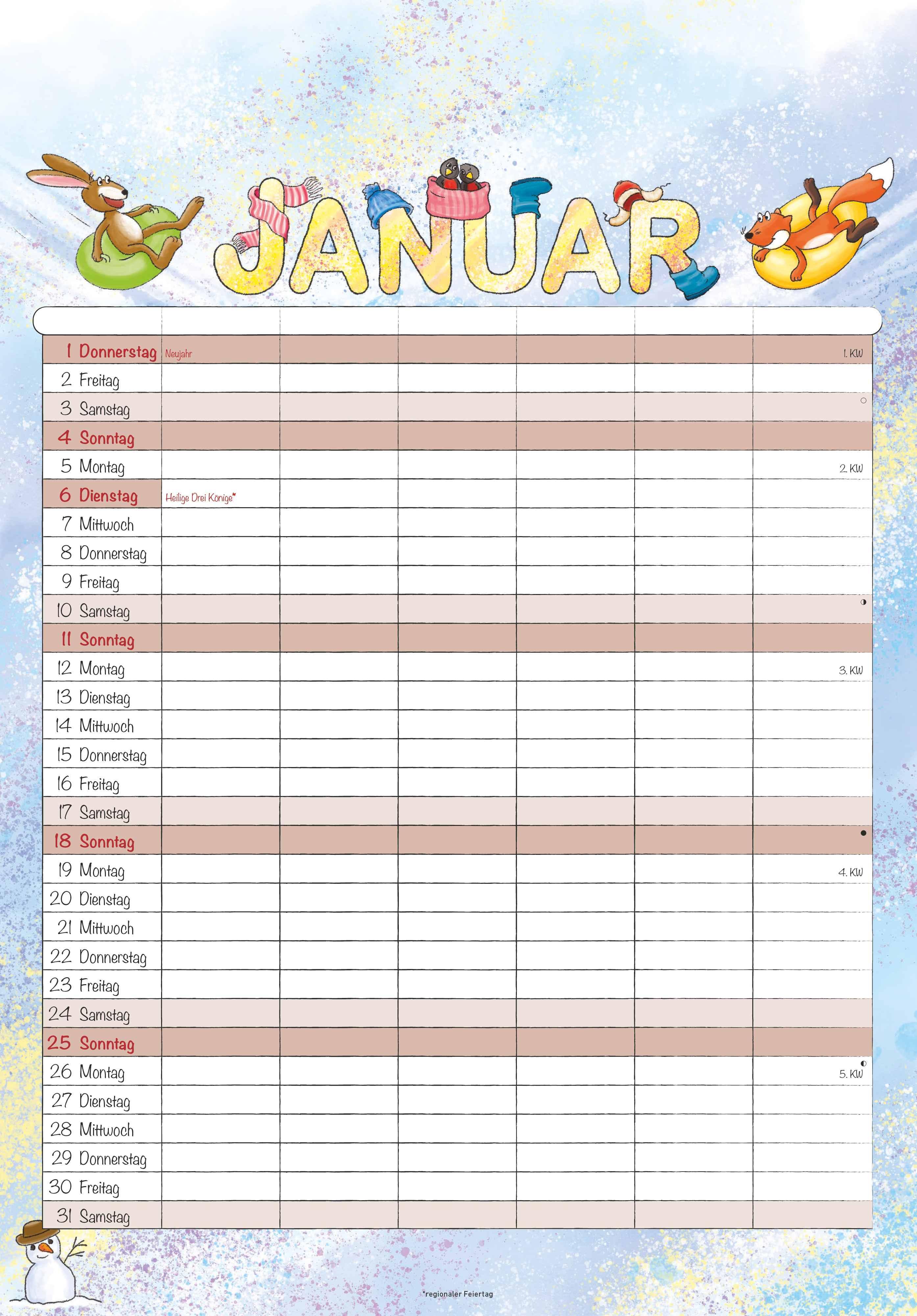 Beispielinhalt (Bild) Familienplaner Cartoon 2026- Bildkalender 23,7x34 cm - 6 Spalten - Kalender mit Platz für Notizen - mit vielen Zusatzinformationen - Wandkalender