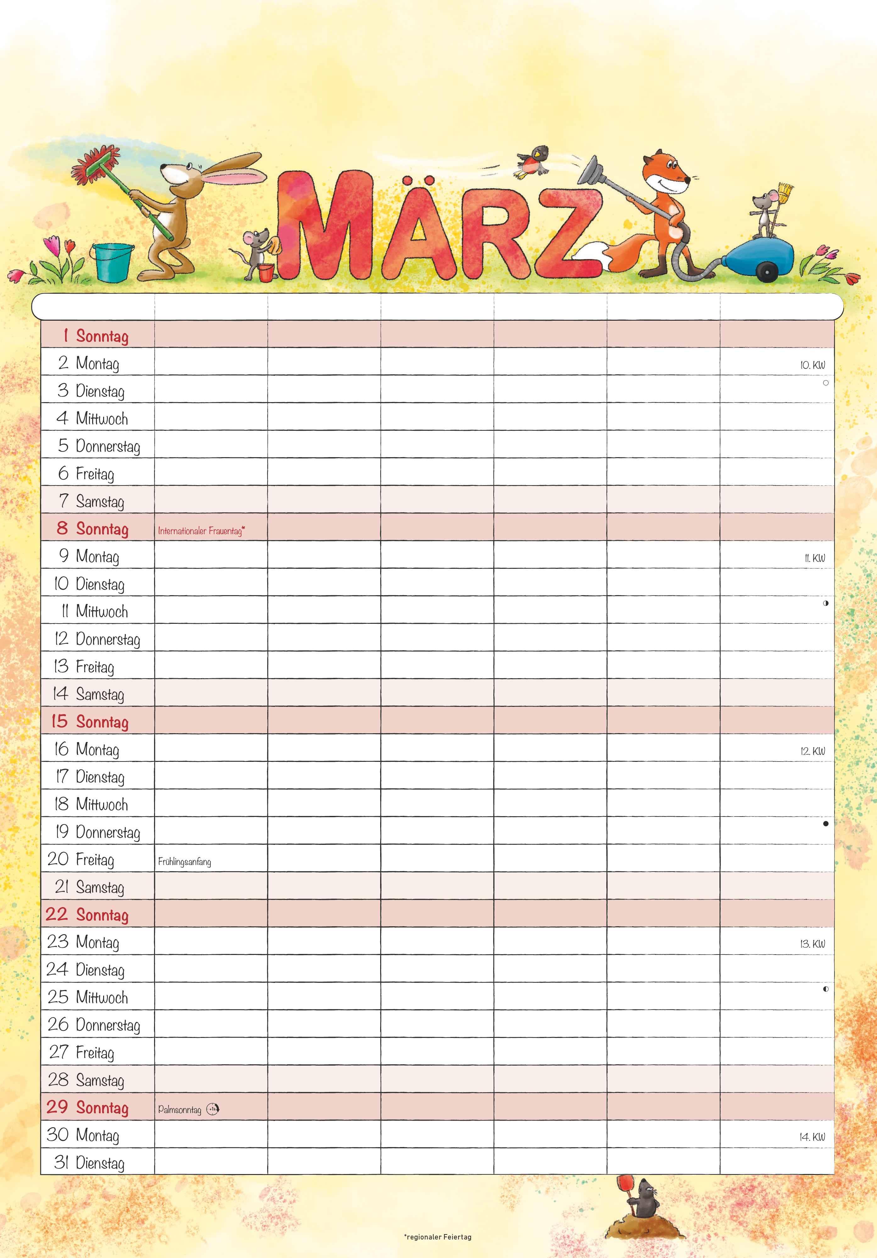 Beispielinhalt (Bild) Familienplaner Cartoon 2026- Bildkalender 23,7x34 cm - 6 Spalten - Kalender mit Platz für Notizen - mit vielen Zusatzinformationen - Wandkalender