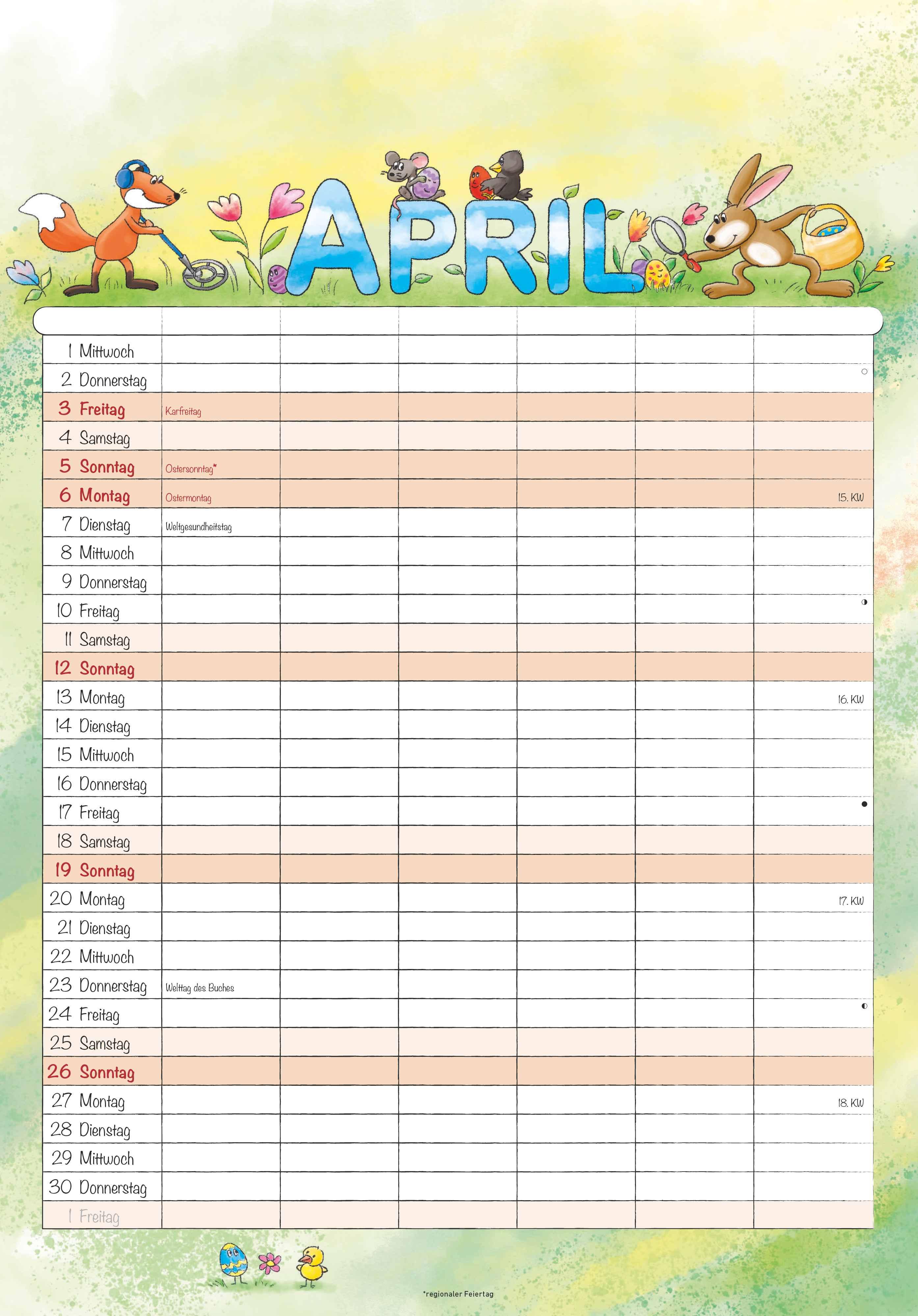 Beispielinhalt (Bild) Familienplaner Cartoon 2026- Bildkalender 23,7x34 cm - 6 Spalten - Kalender mit Platz für Notizen - mit vielen Zusatzinformationen - Wandkalender