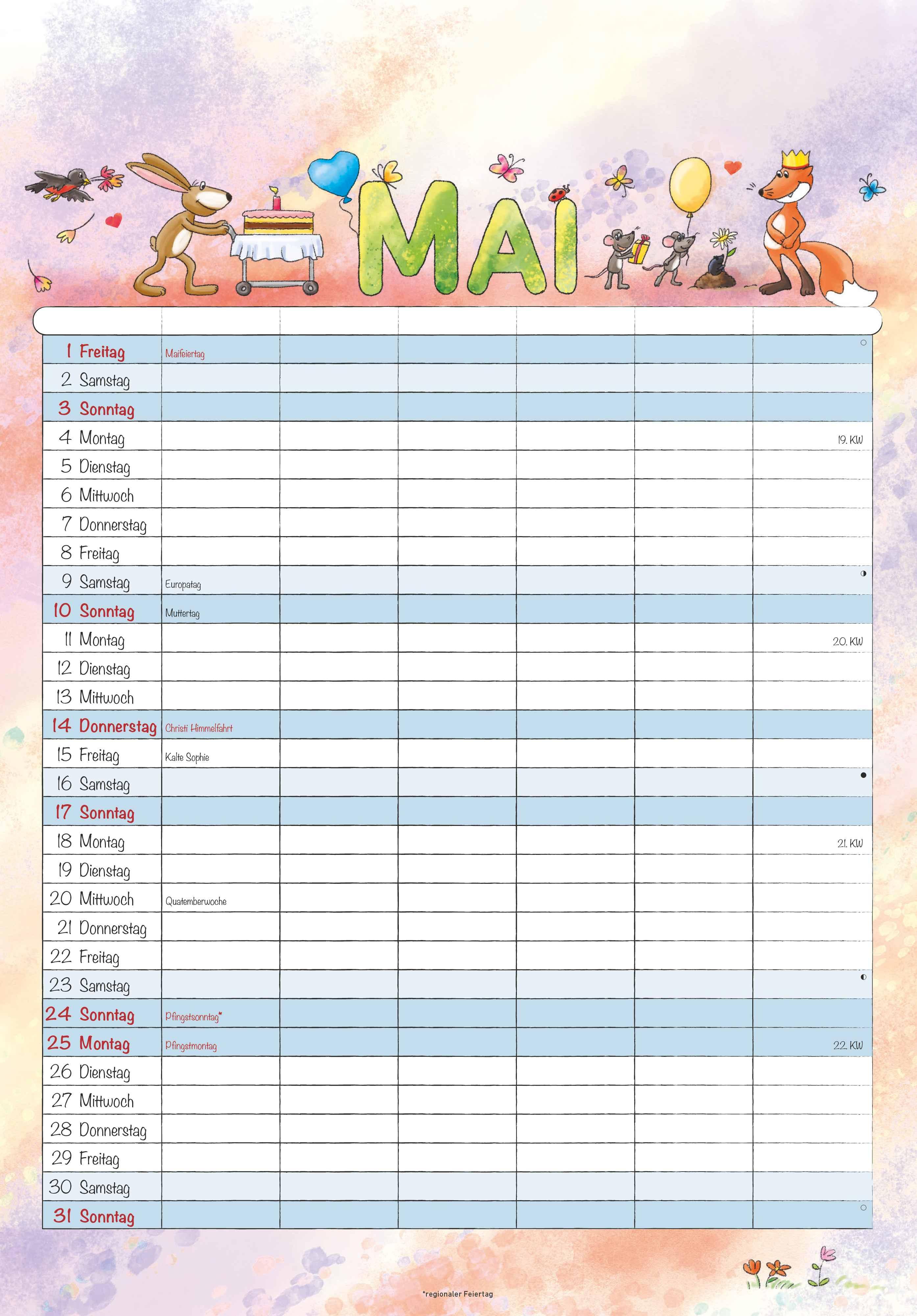 Beispielinhalt (Bild) Familienplaner Cartoon 2026- Bildkalender 23,7x34 cm - 6 Spalten - Kalender mit Platz für Notizen - mit vielen Zusatzinformationen - Wandkalender