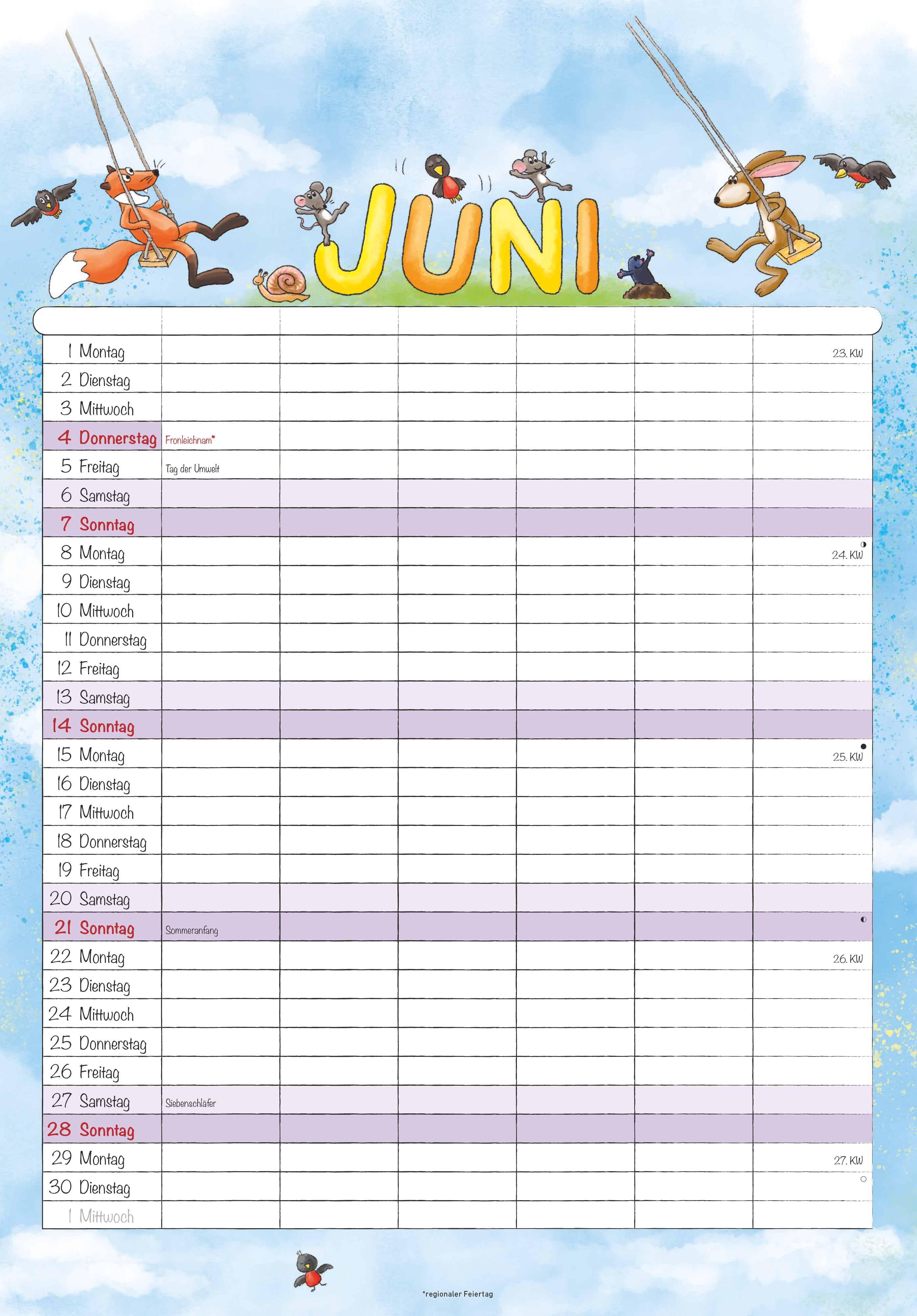 Beispielinhalt (Bild) Familienplaner Cartoon 2026- Bildkalender 23,7x34 cm - 6 Spalten - Kalender mit Platz für Notizen - mit vielen Zusatzinformationen - Wandkalender