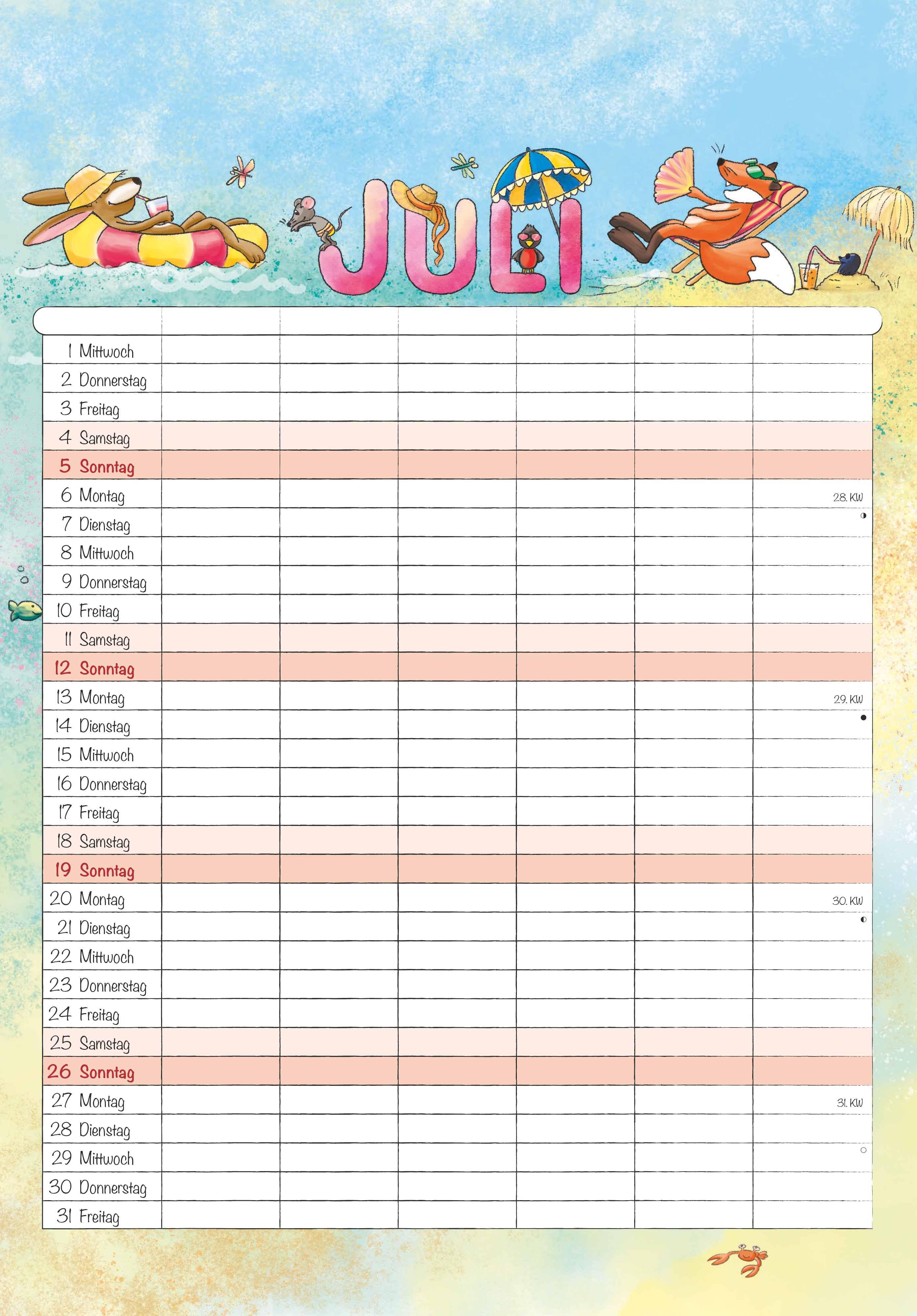 Beispielinhalt (Bild) Familienplaner Cartoon 2026- Bildkalender 23,7x34 cm - 6 Spalten - Kalender mit Platz für Notizen - mit vielen Zusatzinformationen - Wandkalender