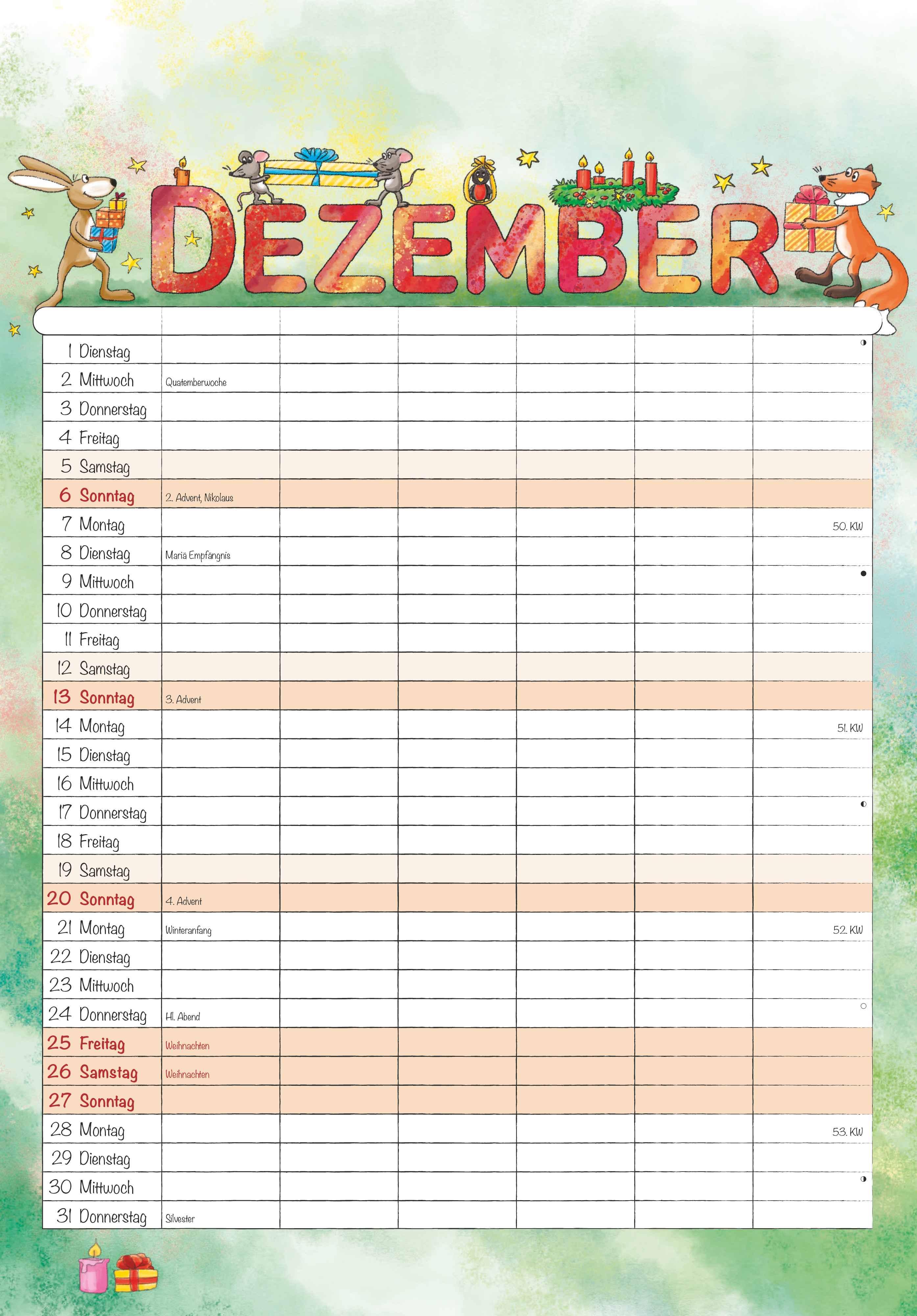 Beispielinhalt (Bild) Familienplaner Cartoon 2026- Bildkalender 23,7x34 cm - 6 Spalten - Kalender mit Platz für Notizen - mit vielen Zusatzinformationen - Wandkalender