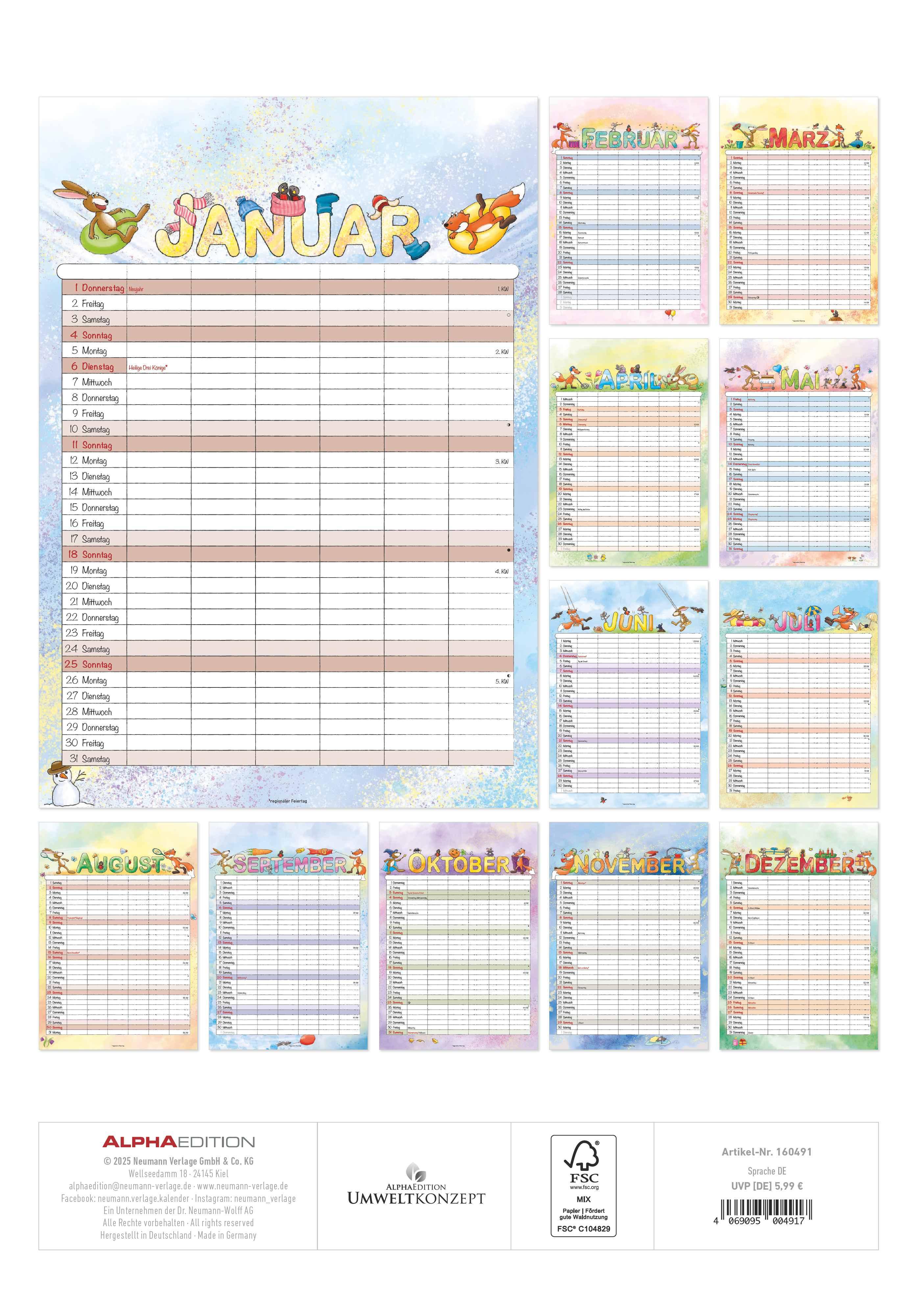 Rückseitencover Familienplaner Cartoon 2026- Bildkalender 23,7x34 cm - 6 Spalten - Kalender mit Platz für Notizen - mit vielen Zusatzinformationen - Wandkalender