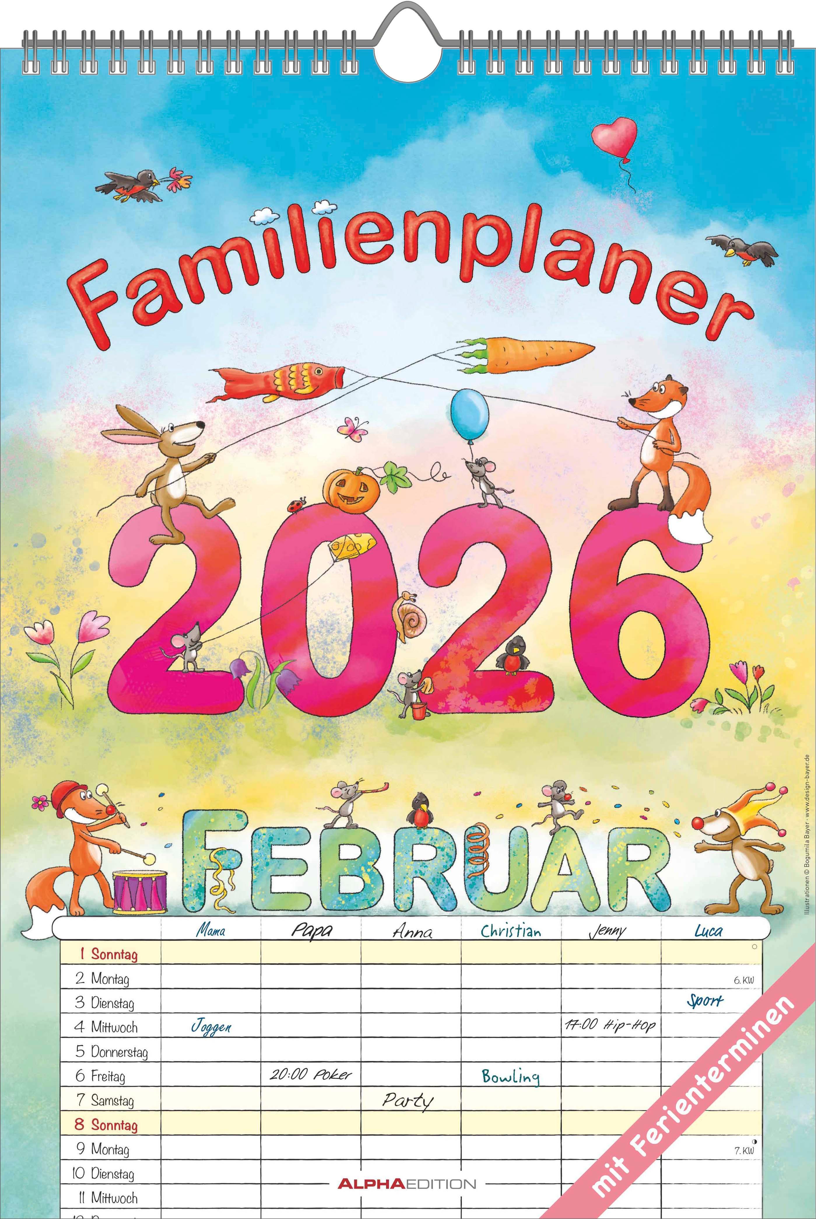Vorderes Coverbild Familienplaner Cartoon 2026- Bildkalender 23,7x34 cm - 6 Spalten - Kalender mit Platz für Notizen - mit vielen Zusatzinformationen - Wandkalender