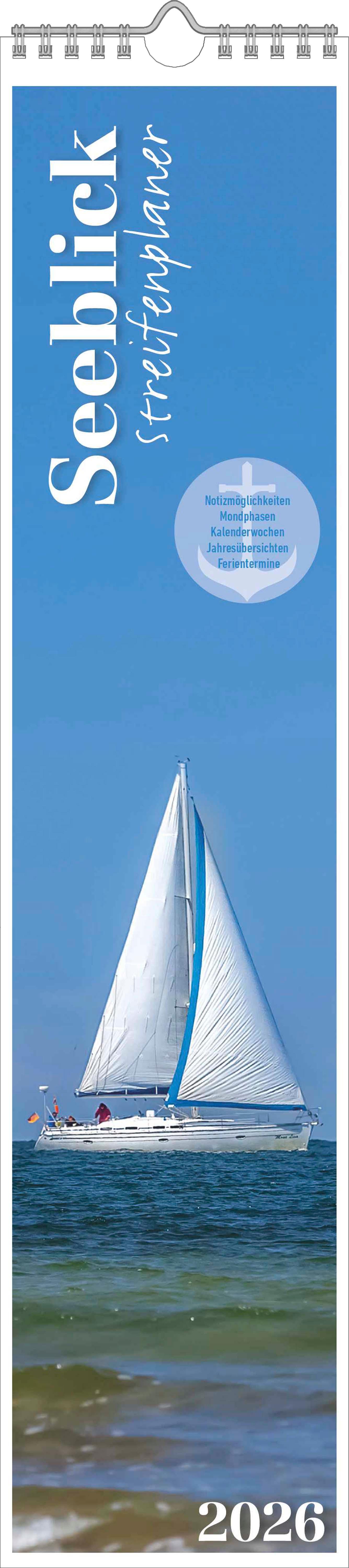 Vorderes Coverbild Streifenplaner Seeblick 2026 - Streifen-Kalender 11,3x49x5 cm - Strand und Meer - Küchenkalender - Wandplaner - Alpha Edition