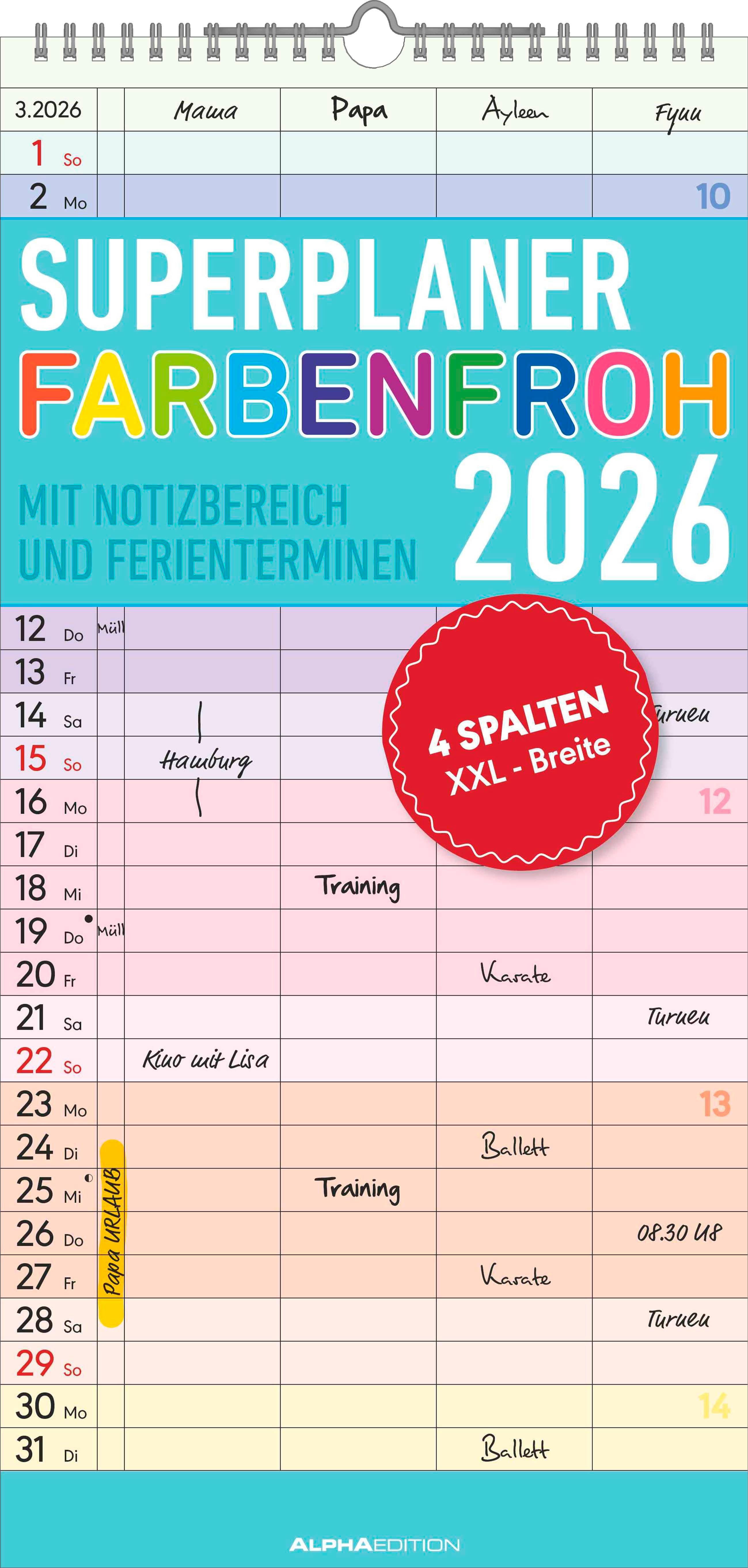 Vorderes Coverbild Superplaner Farbenfroh 2026 mit 4 Spalten - Familien-Timer 22x45 cm - Offset-Papier - mit Ferienterminen - Wand-Planer - Familienkalender - Alpha Edition