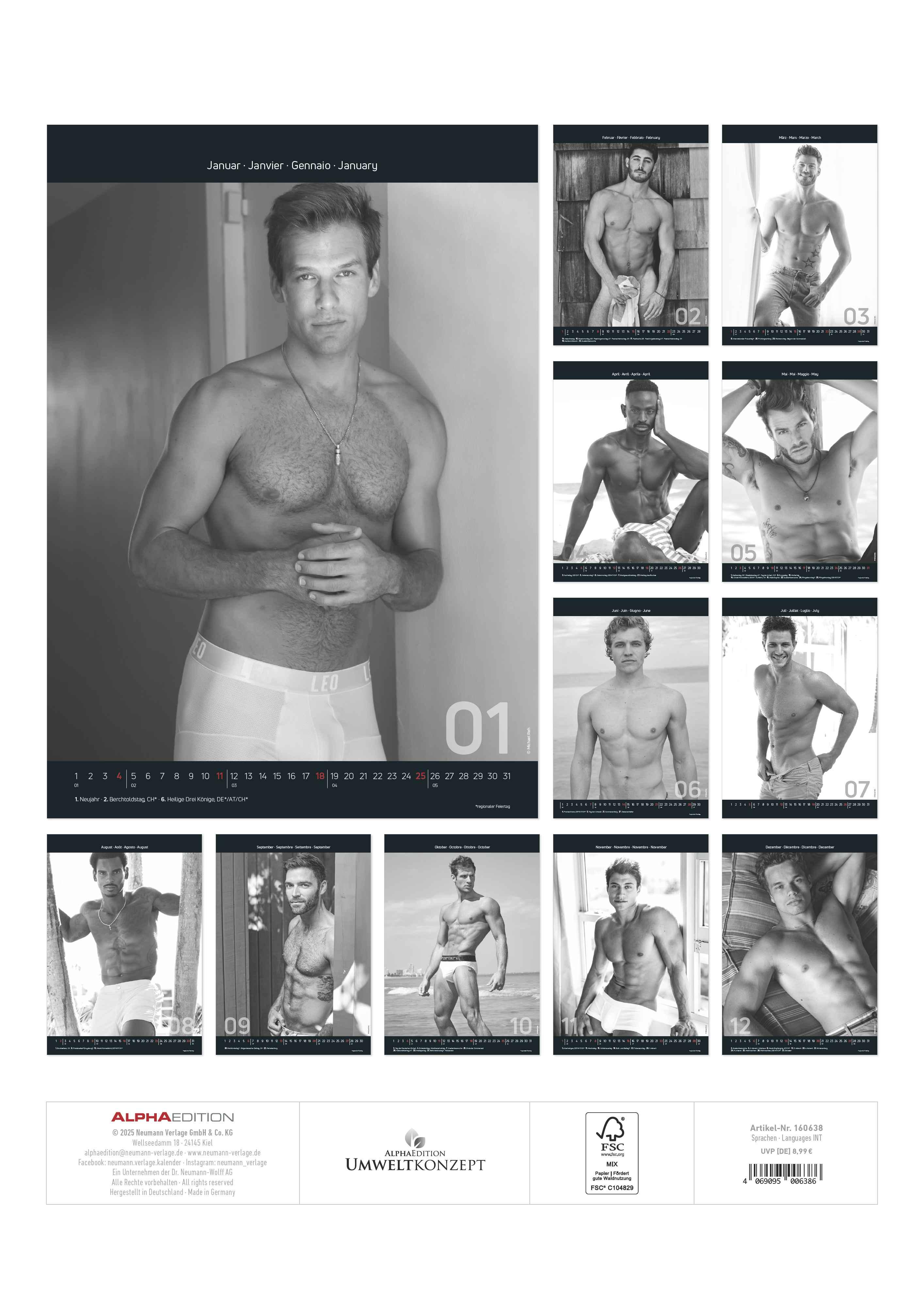 Rückseitencover Men 2026 - Bildkalender 29,7x42 cm - Männer - erotischer Kalender - hochwertiger Erotikkalender - schwarz-weiß - Wandplaner - Wandkalender