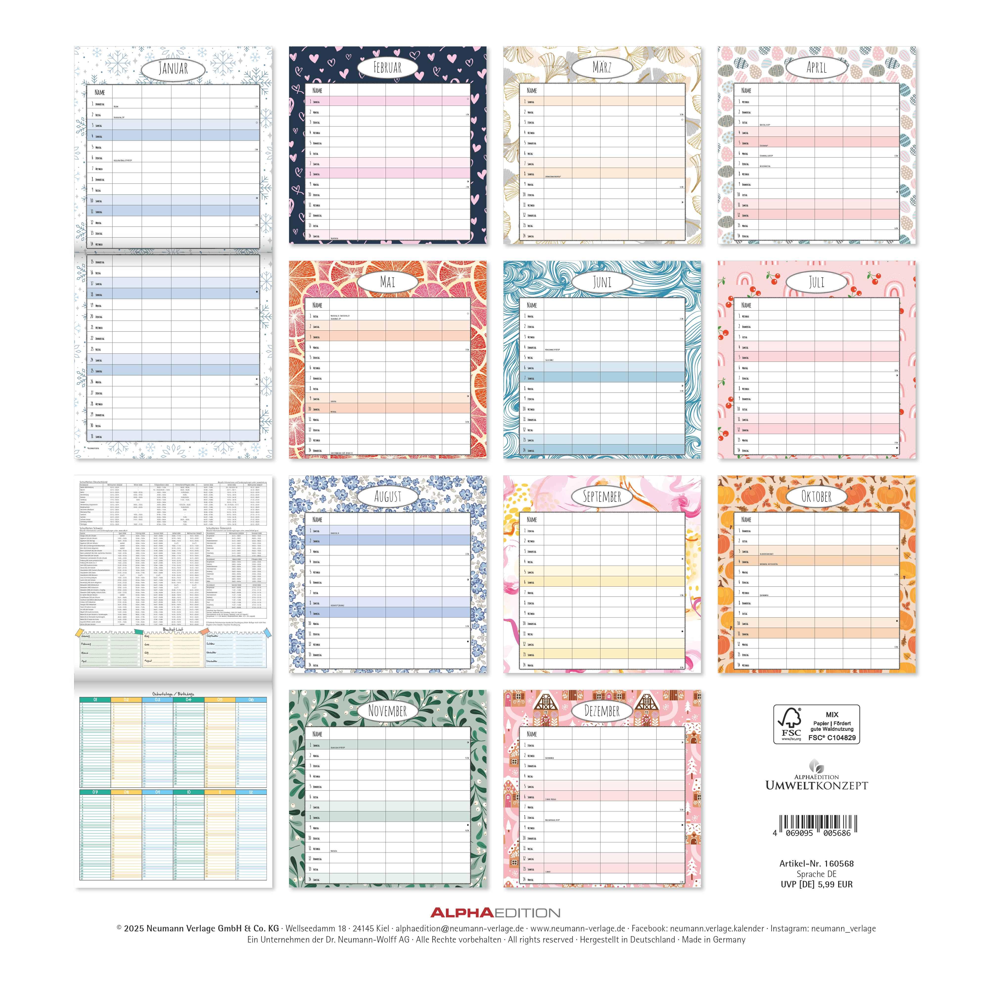 Rückseitencover Familienplaner Deluxe 2026 - Broschürenkalender 30x30 cm (30x60 geöffnet) - Kalender mit Platz für Notizen - 5 Spalten - Bildkalender - Wandkalender