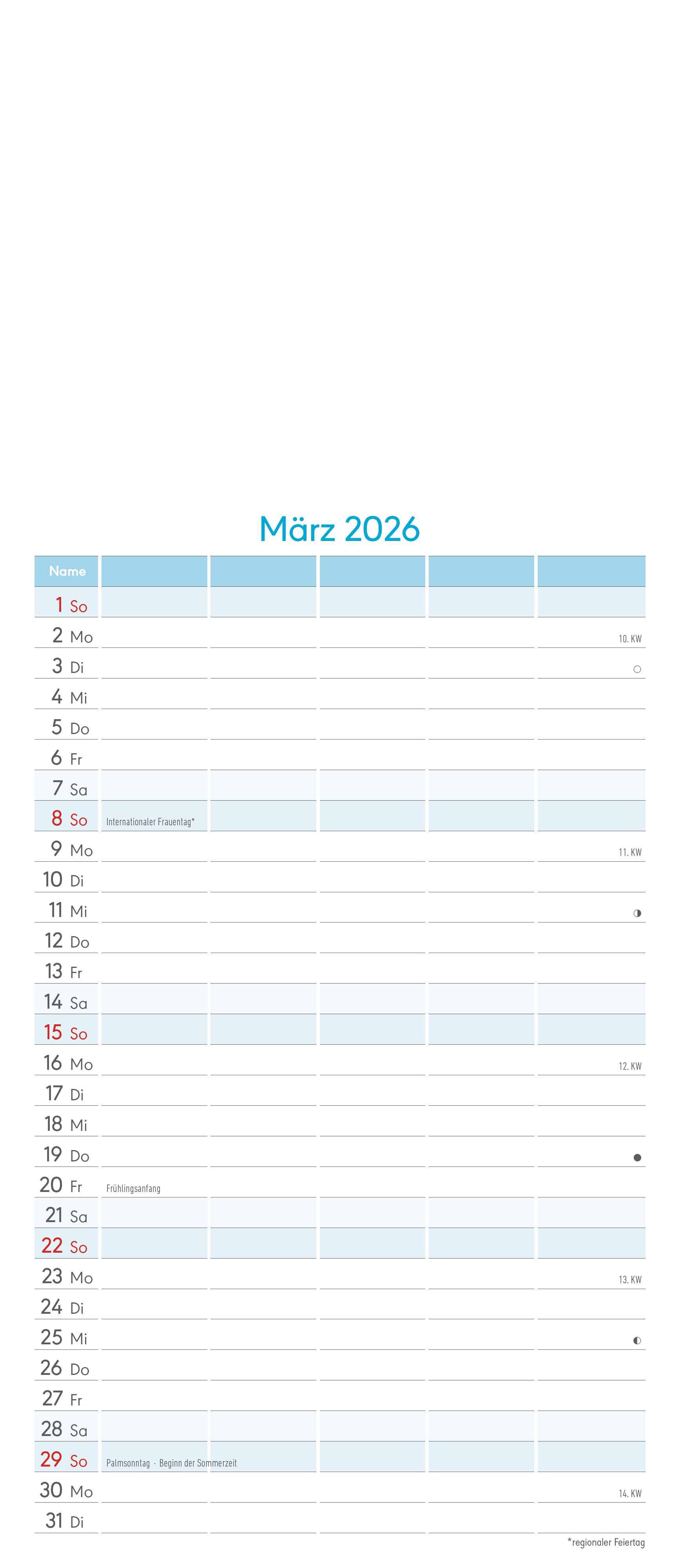 Beispielinhalt (Bild) Kreativ-Kalender Familienplaner 2026 - 5 Spalten - 19,5x45 cmFoto, Malen, Basteln - datiert - Kreativkalender - Foto-Kalender - Familienkalender - Wandkalender - Alpha Edition