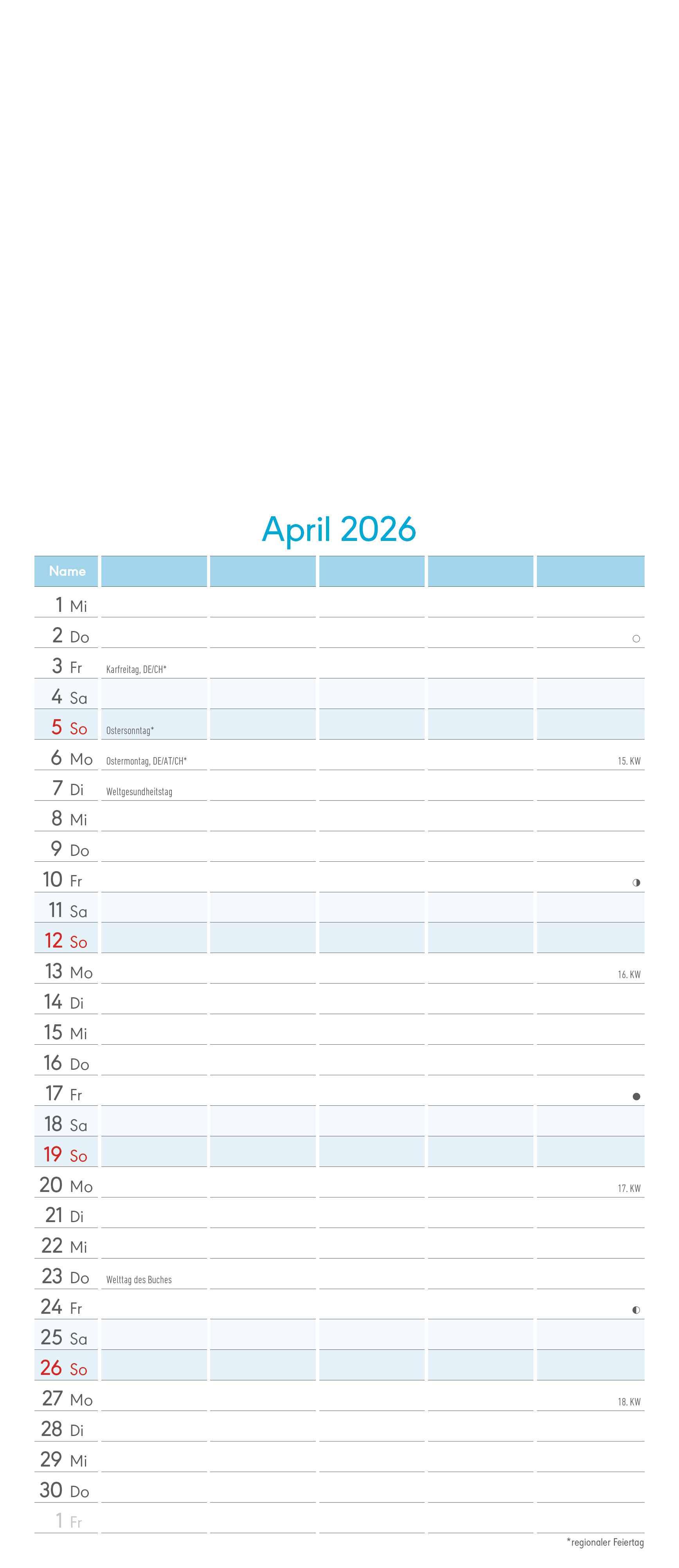 Beispielinhalt (Bild) Kreativ-Kalender Familienplaner 2026 - 5 Spalten - 19,5x45 cmFoto, Malen, Basteln - datiert - Kreativkalender - Foto-Kalender - Familienkalender - Wandkalender - Alpha Edition
