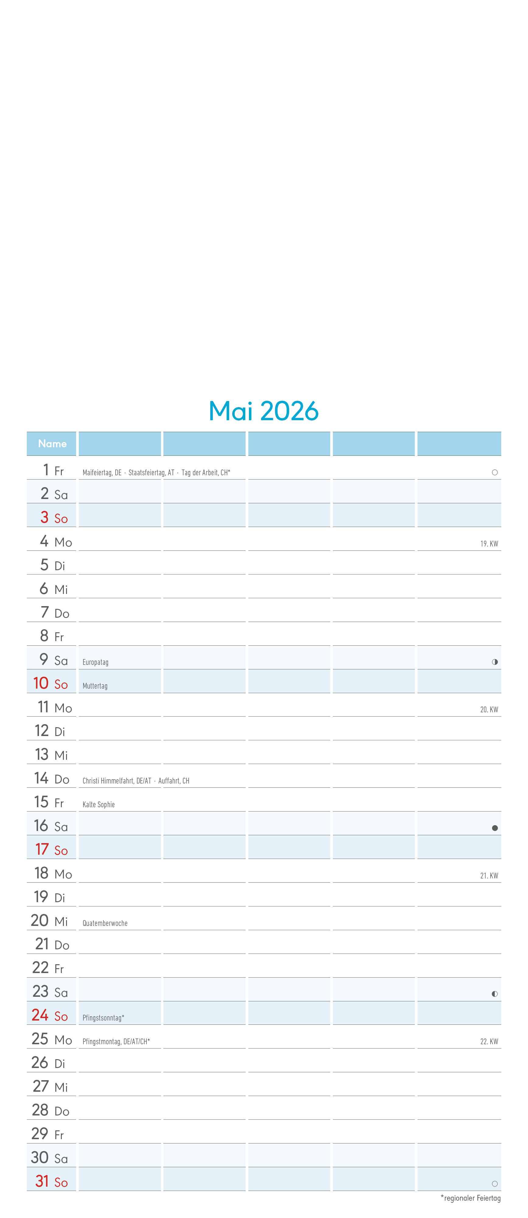 Beispielinhalt (Bild) Kreativ-Kalender Familienplaner 2026 - 5 Spalten - 19,5x45 cmFoto, Malen, Basteln - datiert - Kreativkalender - Foto-Kalender - Familienkalender - Wandkalender - Alpha Edition