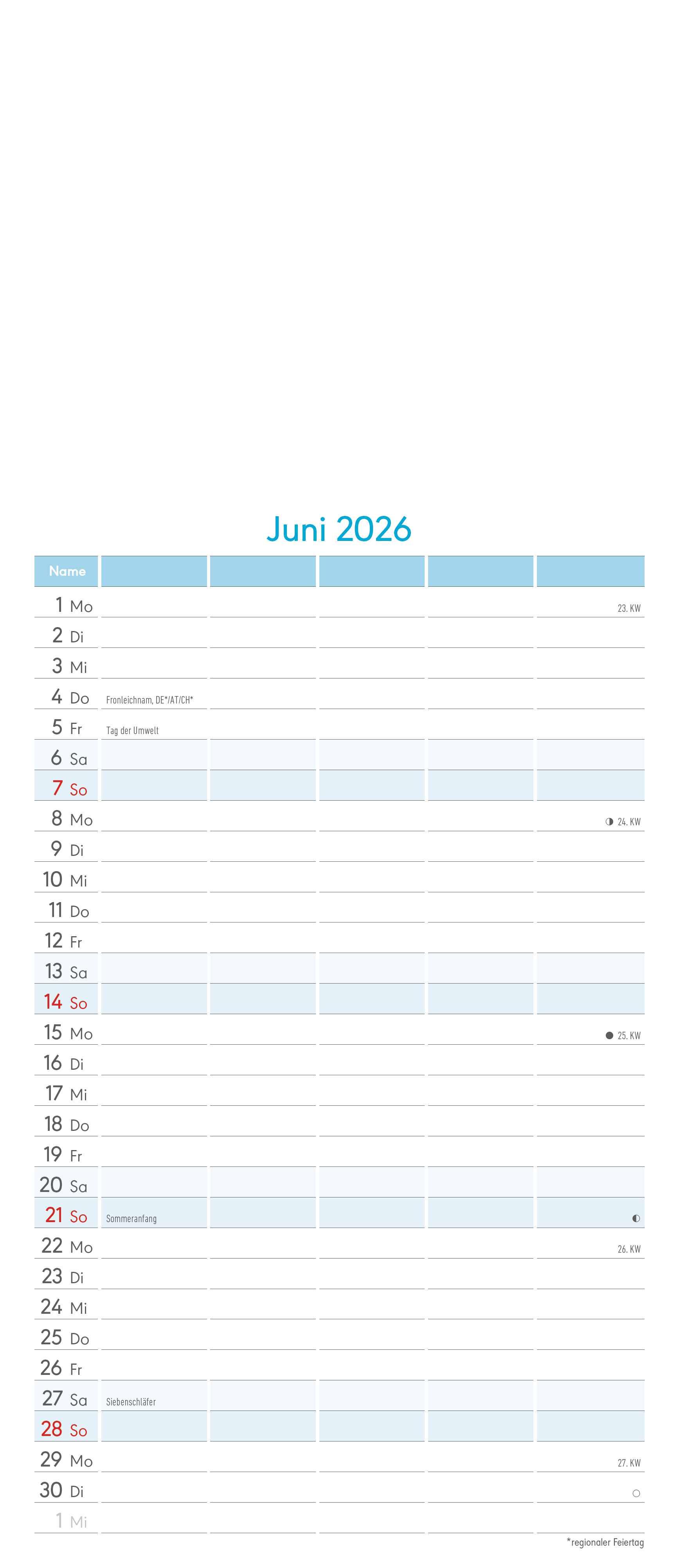 Beispielinhalt (Bild) Kreativ-Kalender Familienplaner 2026 - 5 Spalten - 19,5x45 cmFoto, Malen, Basteln - datiert - Kreativkalender - Foto-Kalender - Familienkalender - Wandkalender - Alpha Edition