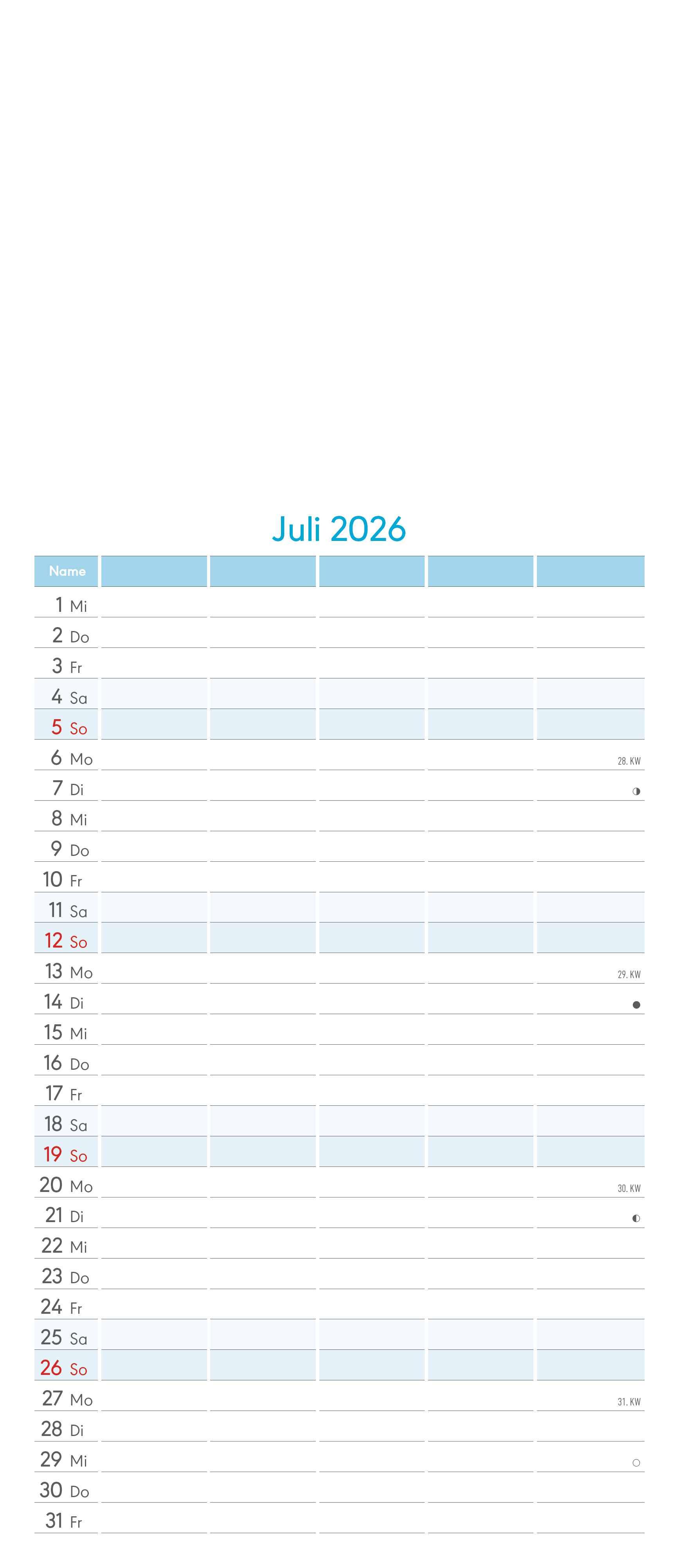Beispielinhalt (Bild) Kreativ-Kalender Familienplaner 2026 - 5 Spalten - 19,5x45 cmFoto, Malen, Basteln - datiert - Kreativkalender - Foto-Kalender - Familienkalender - Wandkalender - Alpha Edition