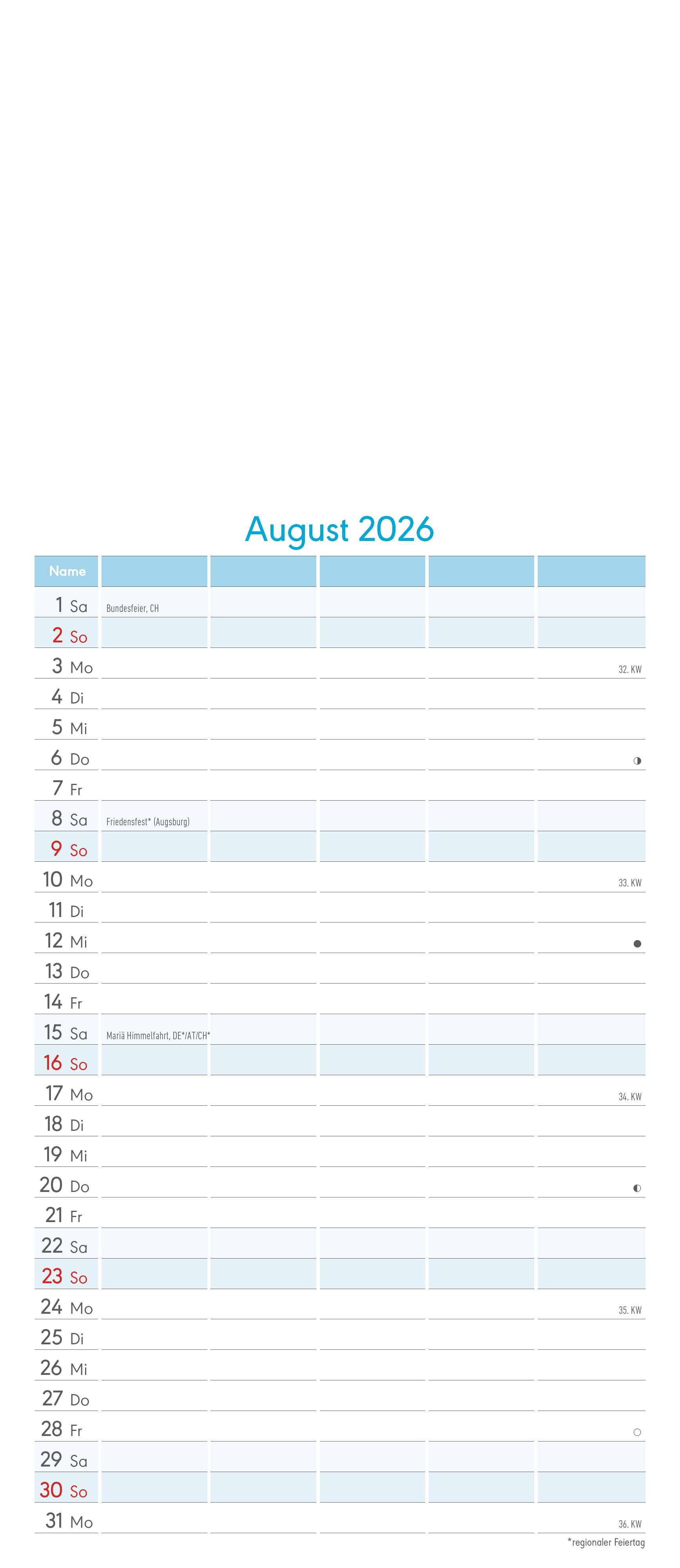 Beispielinhalt (Bild) Kreativ-Kalender Familienplaner 2026 - 5 Spalten - 19,5x45 cmFoto, Malen, Basteln - datiert - Kreativkalender - Foto-Kalender - Familienkalender - Wandkalender - Alpha Edition