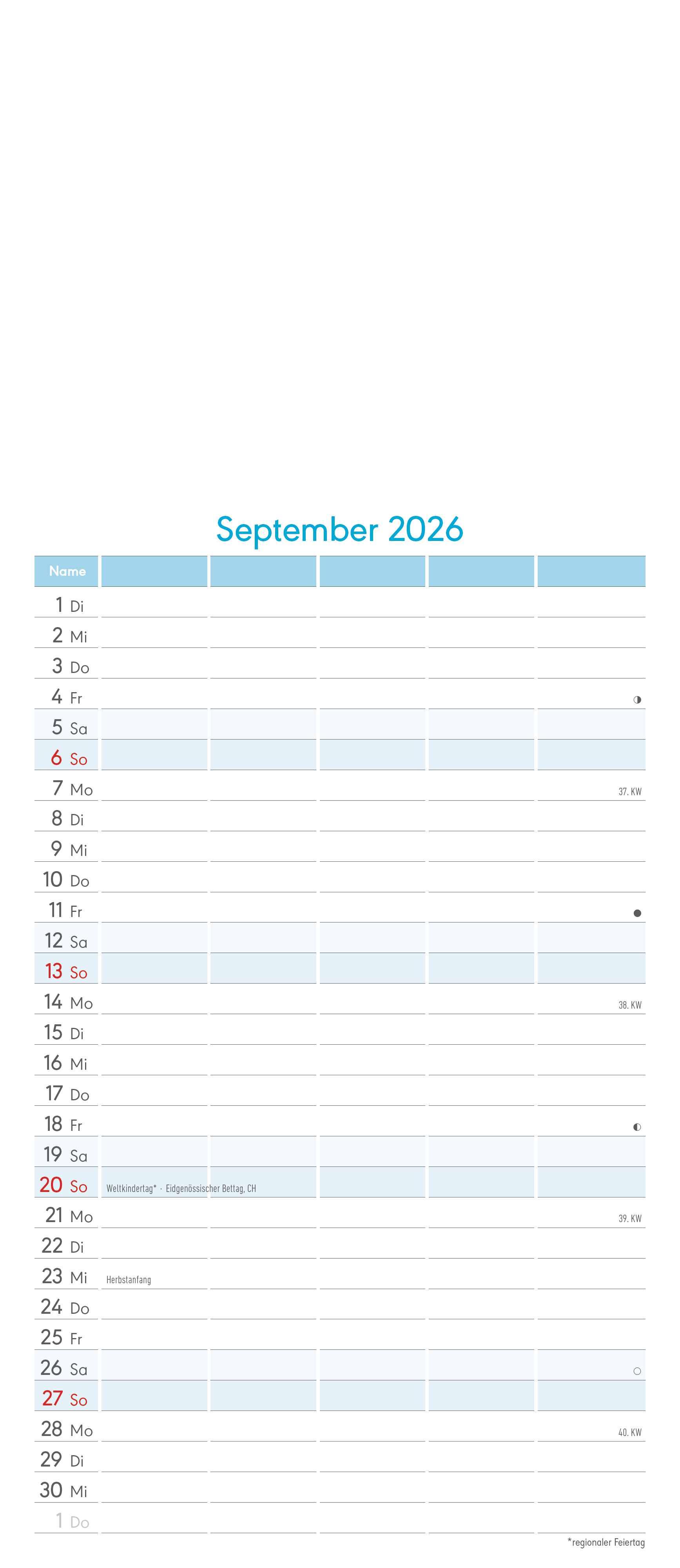 Beispielinhalt (Bild) Kreativ-Kalender Familienplaner 2026 - 5 Spalten - 19,5x45 cmFoto, Malen, Basteln - datiert - Kreativkalender - Foto-Kalender - Familienkalender - Wandkalender - Alpha Edition
