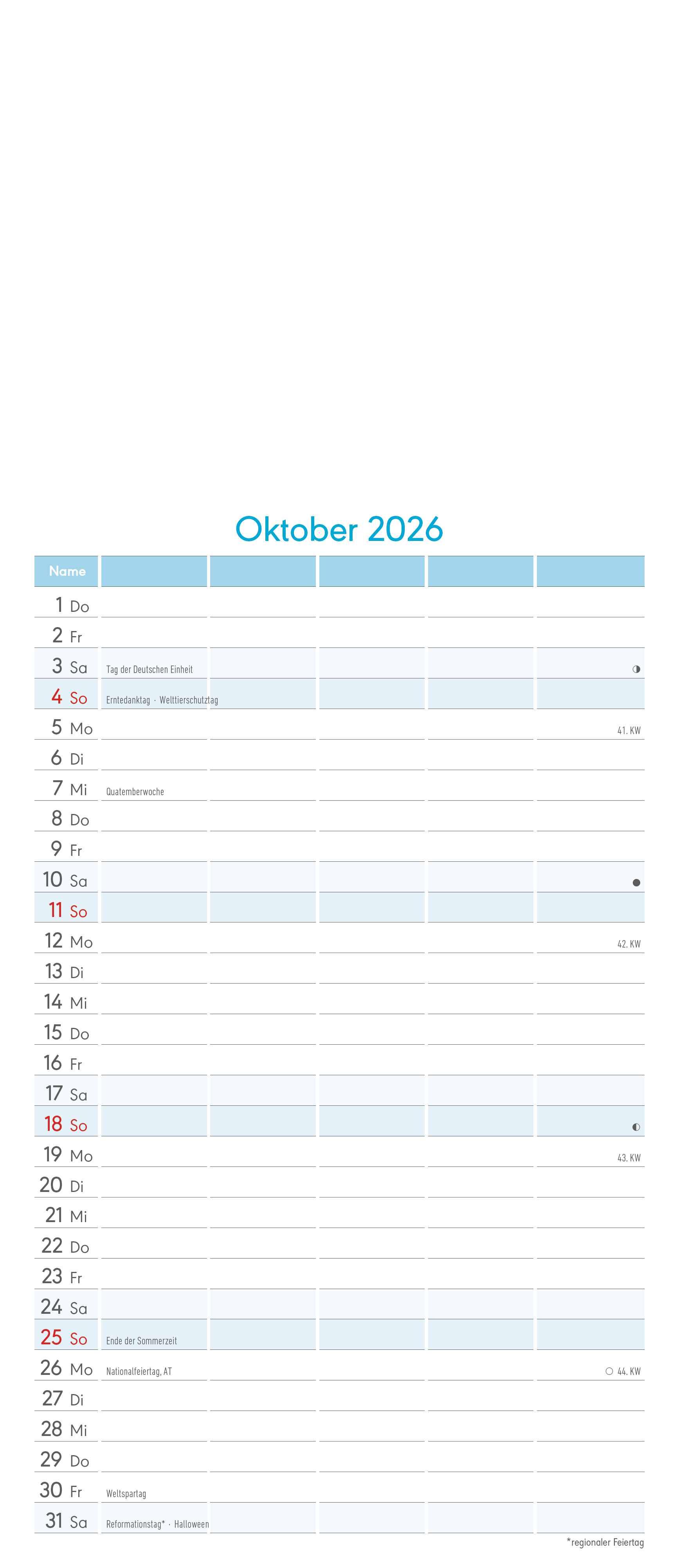 Beispielinhalt (Bild) Kreativ-Kalender Familienplaner 2026 - 5 Spalten - 19,5x45 cmFoto, Malen, Basteln - datiert - Kreativkalender - Foto-Kalender - Familienkalender - Wandkalender - Alpha Edition