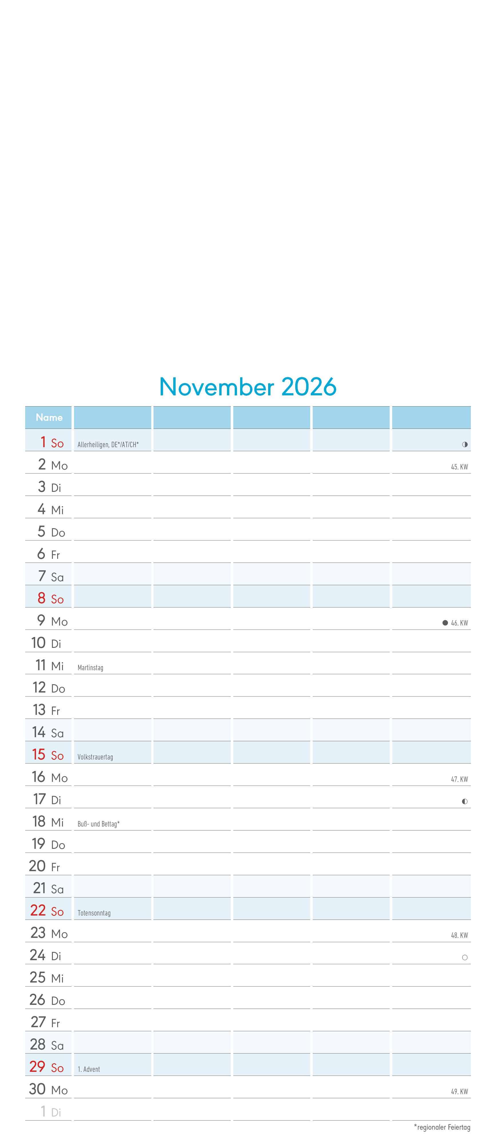 Beispielinhalt (Bild) Kreativ-Kalender Familienplaner 2026 - 5 Spalten - 19,5x45 cmFoto, Malen, Basteln - datiert - Kreativkalender - Foto-Kalender - Familienkalender - Wandkalender - Alpha Edition
