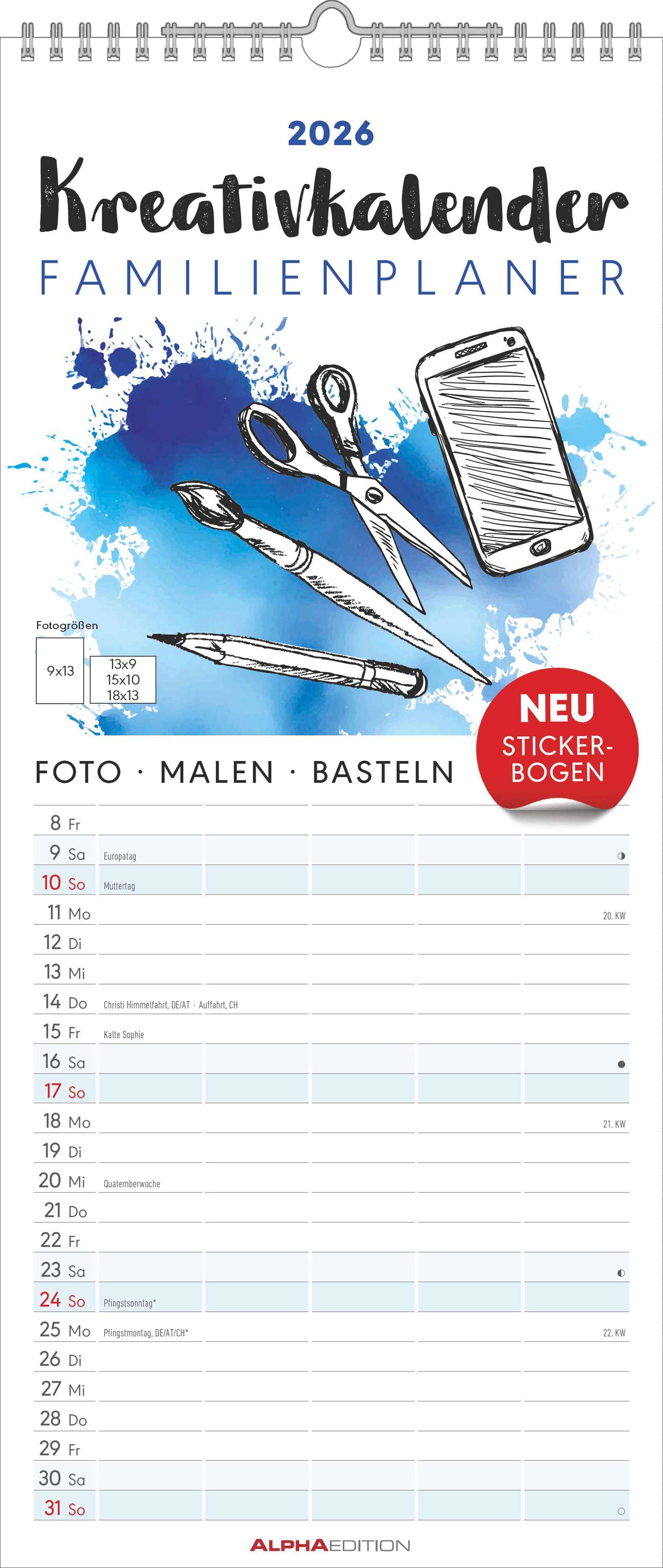 Vorderes Coverbild Kreativ-Kalender Familienplaner 2026 - 5 Spalten - 19,5x45 cmFoto, Malen, Basteln - datiert - Kreativkalender - Foto-Kalender - Familienkalender - Wandkalender - Alpha Edition