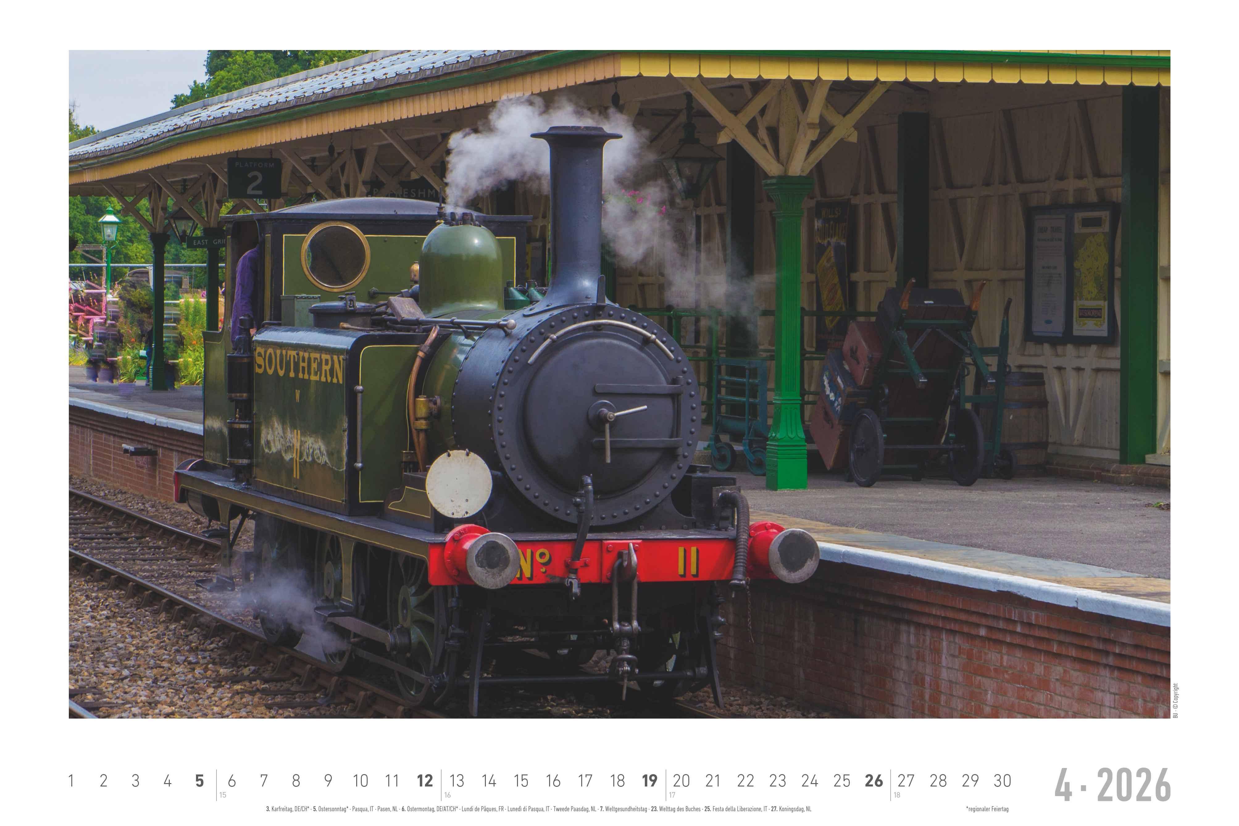 Beispielinhalt (Bild) Faszinierende Dampfloks 2026 - Bildkalender 49,5x33 cm