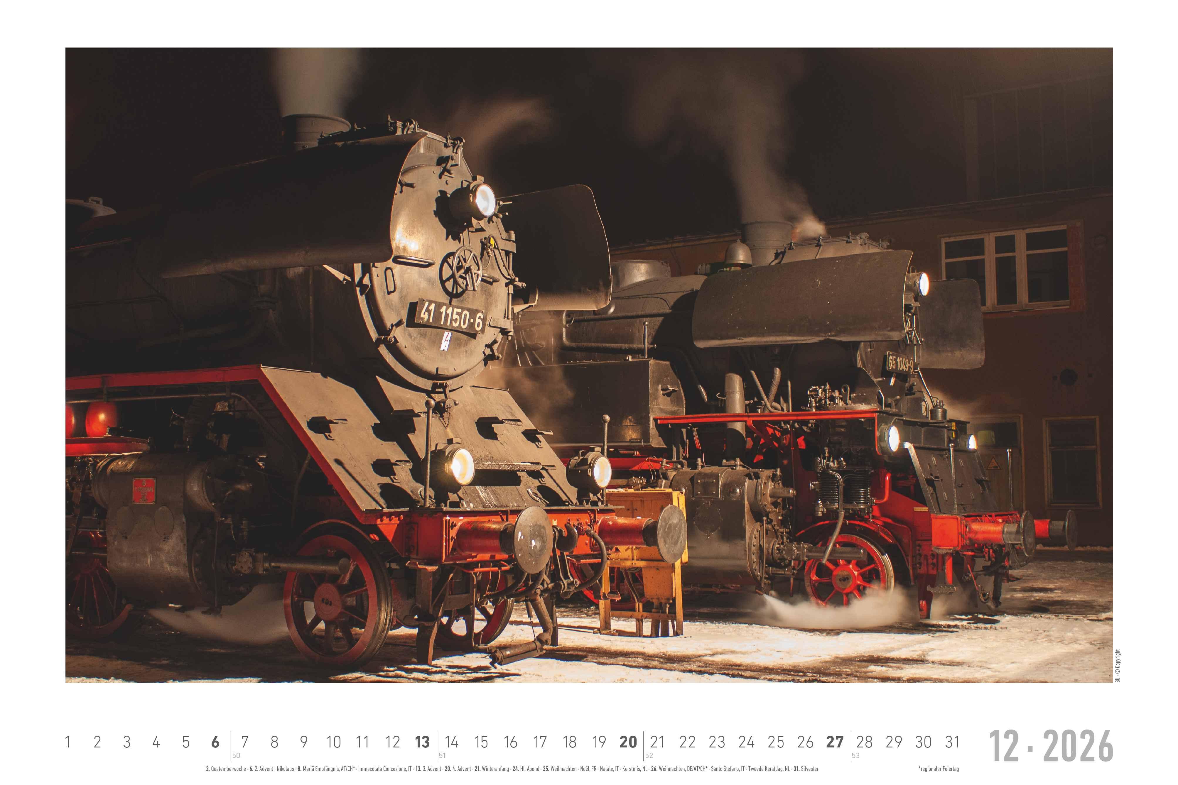 Beispielinhalt (Bild) Faszinierende Dampfloks 2026 - Bildkalender 49,5x33 cm