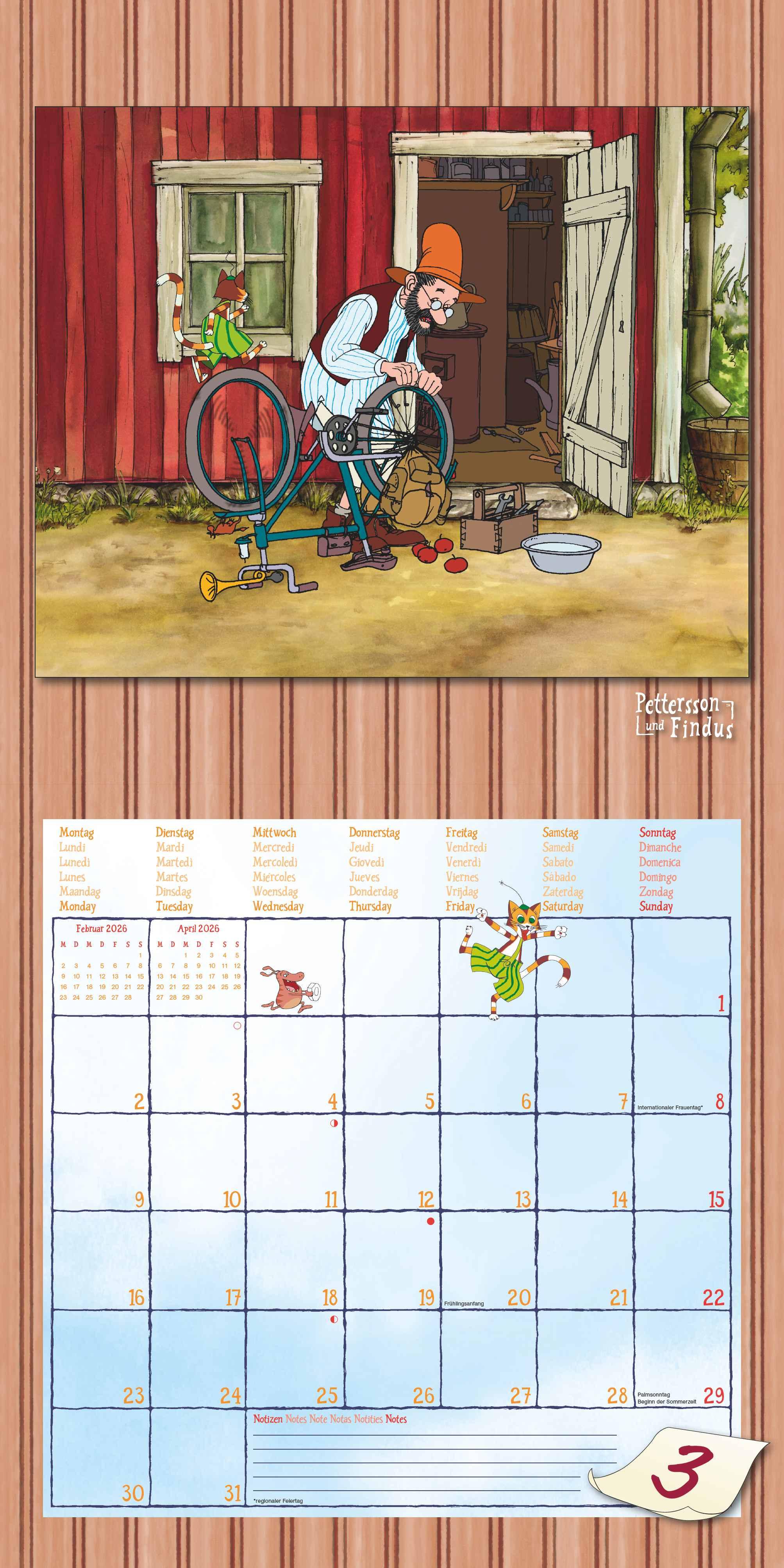 Beispielinhalt (Bild) Pettersson & Findus 2026 - Broschürenkalender 30x30 cm (30x60 geöffnet) - Kalender mit Platz für Notizen - mit herausnehmbarem Poster - Wandkalender