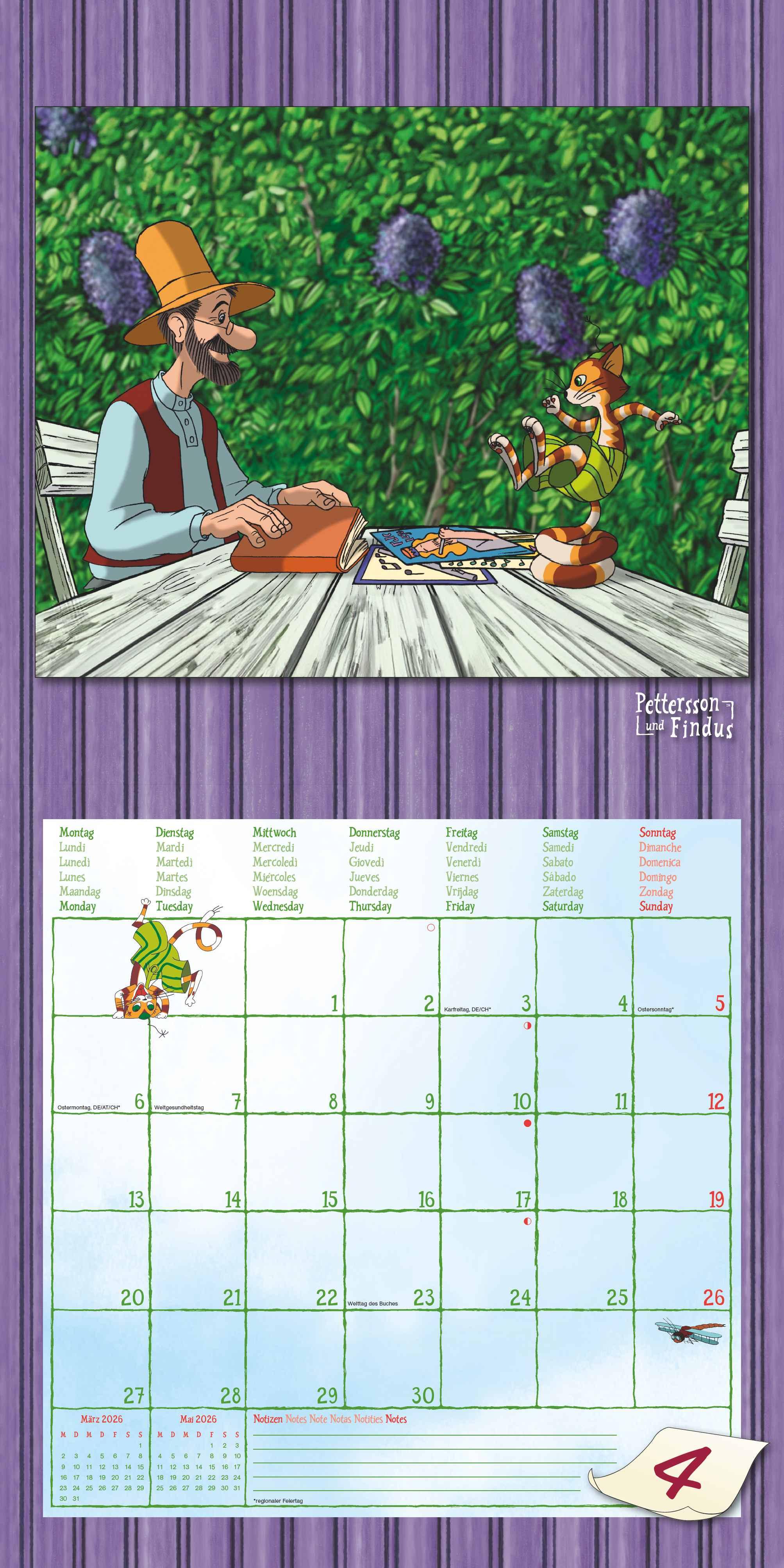 Beispielinhalt (Bild) Pettersson & Findus 2026 - Broschürenkalender 30x30 cm (30x60 geöffnet) - Kalender mit Platz für Notizen - mit herausnehmbarem Poster - Wandkalender