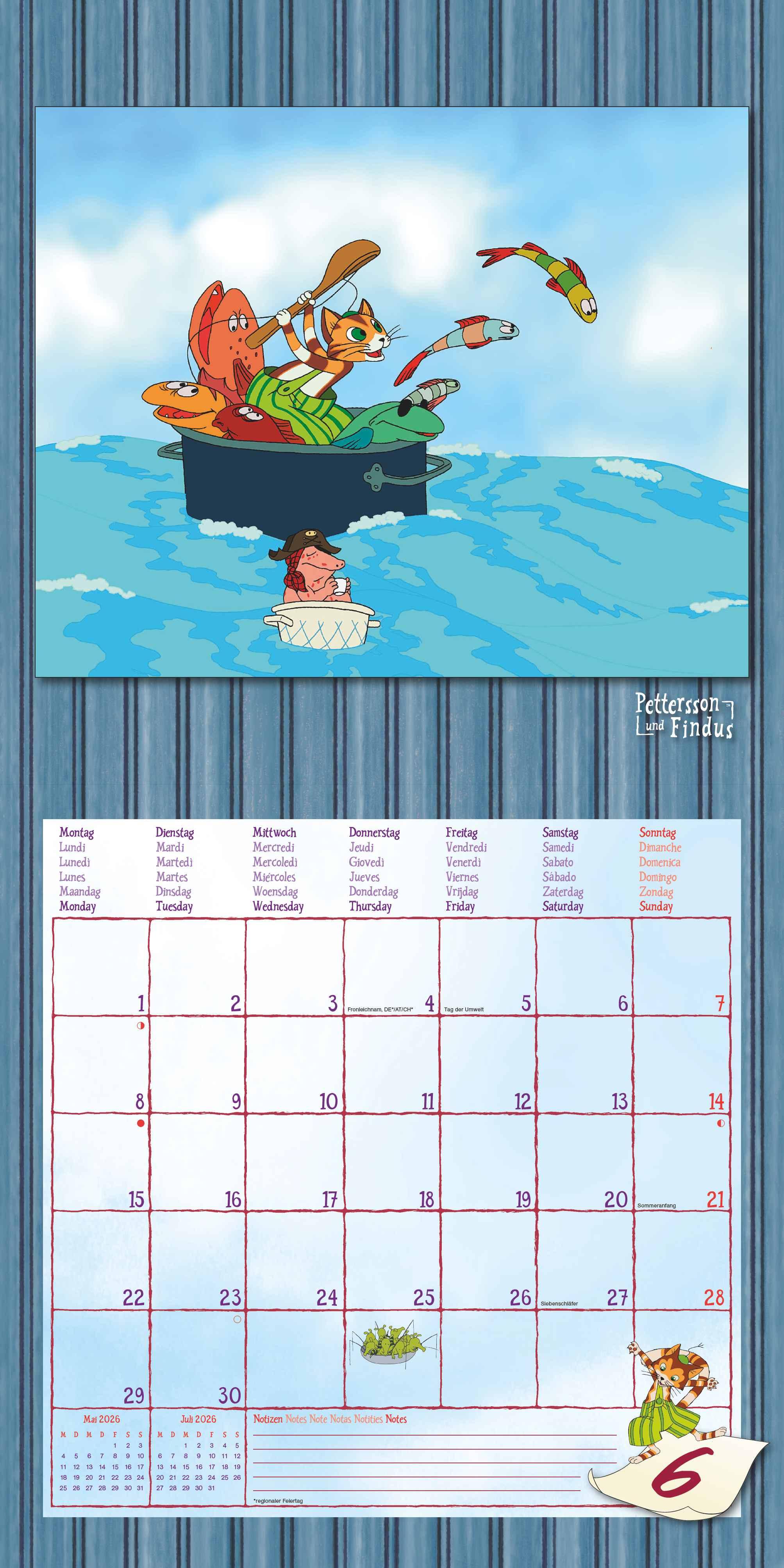 Beispielinhalt (Bild) Pettersson & Findus 2026 - Broschürenkalender 30x30 cm (30x60 geöffnet) - Kalender mit Platz für Notizen - mit herausnehmbarem Poster - Wandkalender