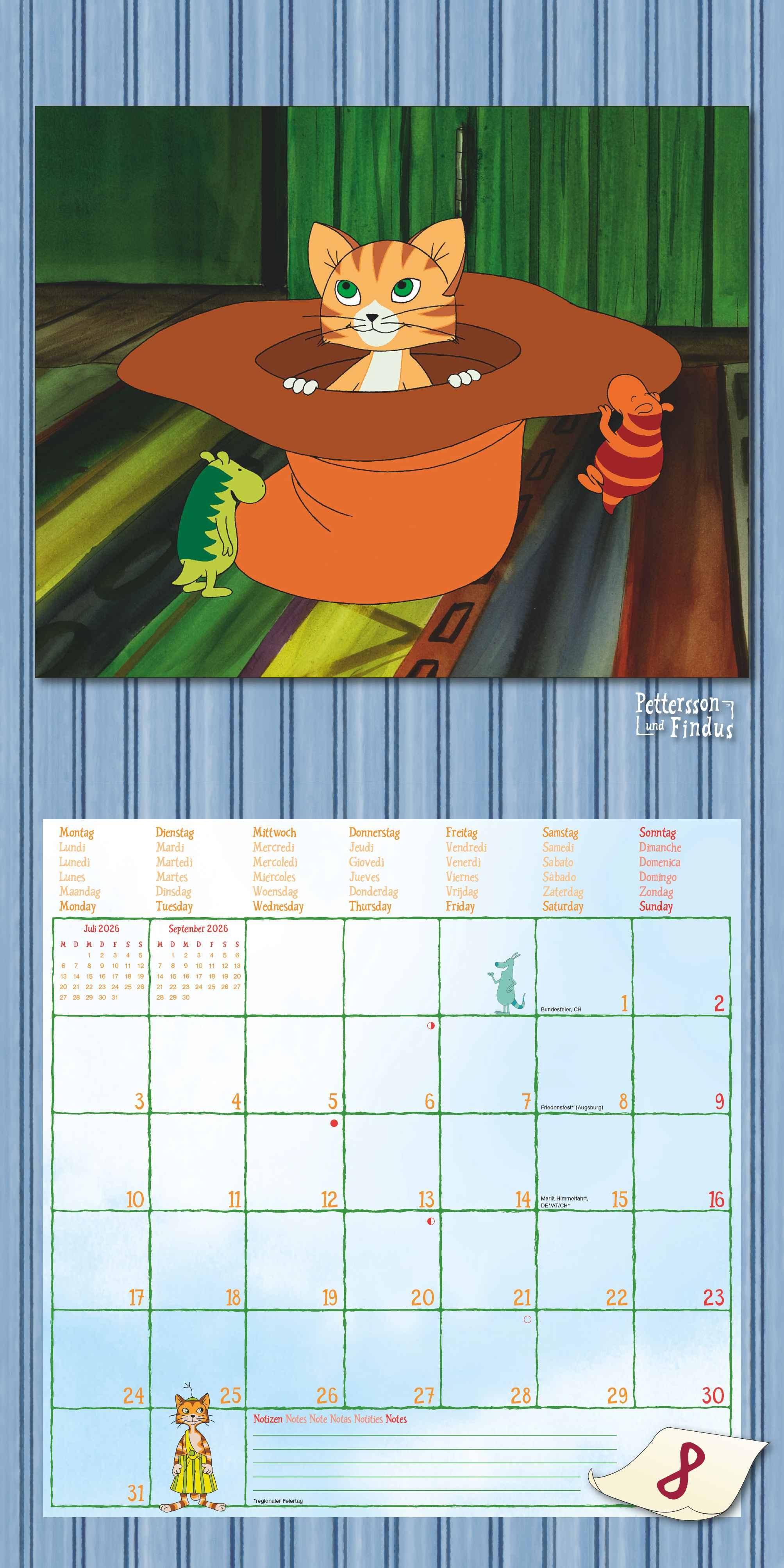 Beispielinhalt (Bild) Pettersson & Findus 2026 - Broschürenkalender 30x30 cm (30x60 geöffnet) - Kalender mit Platz für Notizen - mit herausnehmbarem Poster - Wandkalender