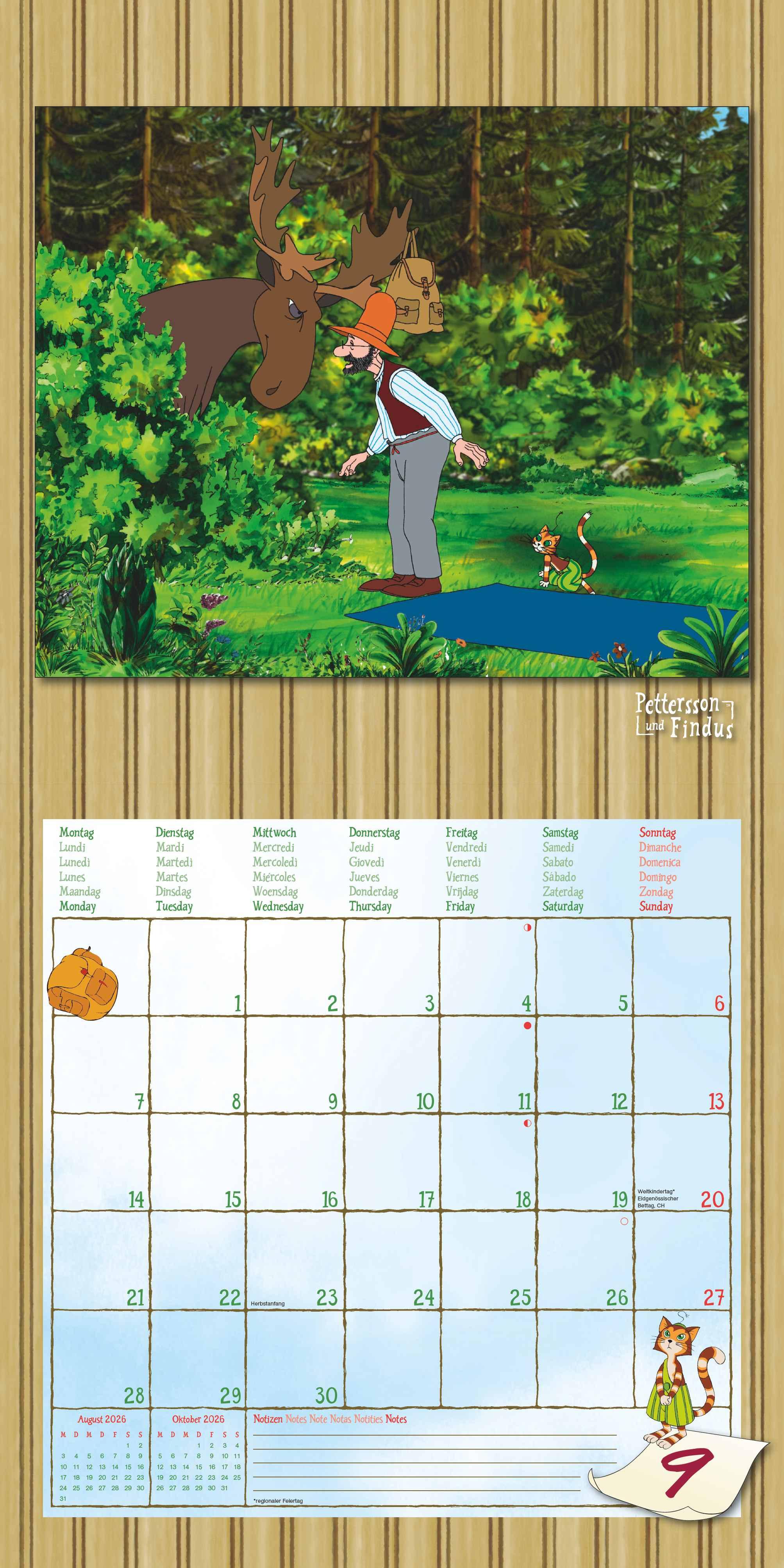Beispielinhalt (Bild) Pettersson & Findus 2026 - Broschürenkalender 30x30 cm (30x60 geöffnet) - Kalender mit Platz für Notizen - mit herausnehmbarem Poster - Wandkalender