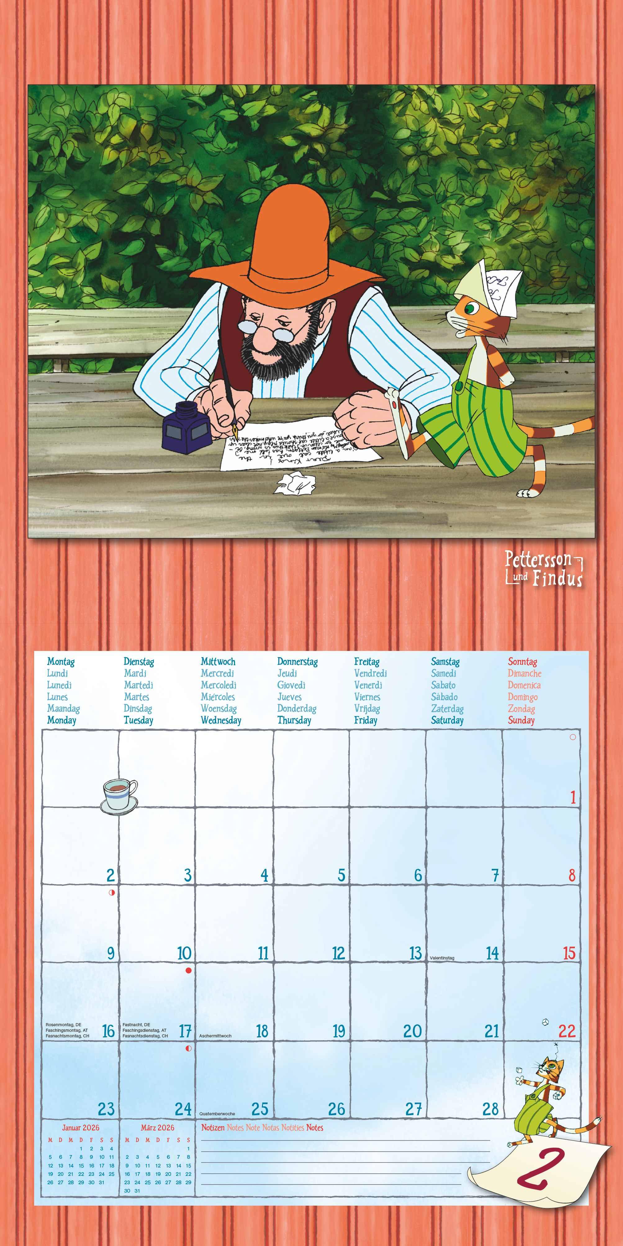 Beispielinhalt (Bild) Pettersson & Findus 2026 - Broschürenkalender 30x30 cm (30x60 geöffnet) - Kalender mit Platz für Notizen - mit herausnehmbarem Poster - Wandkalender