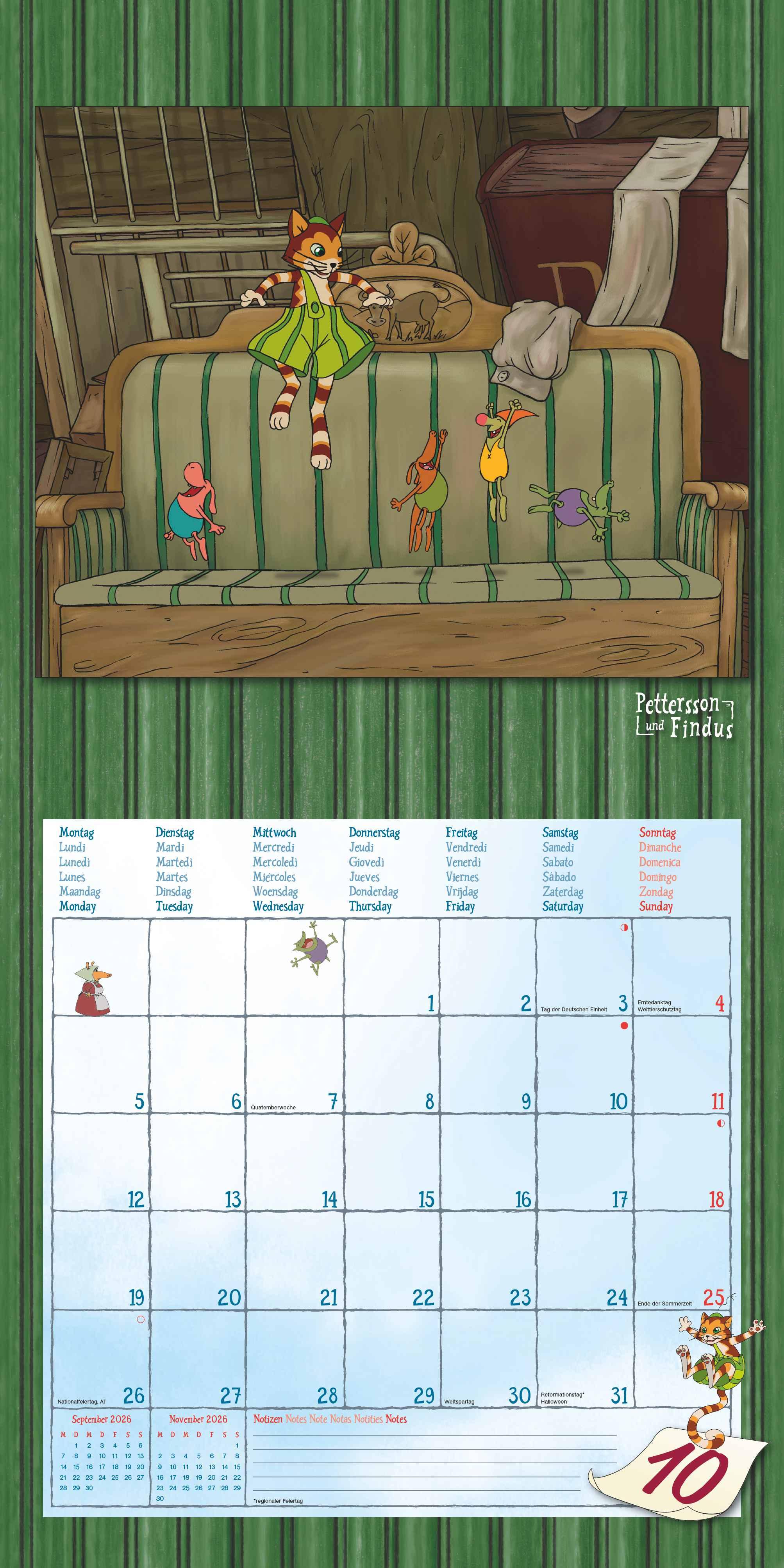 Beispielinhalt (Bild) Pettersson & Findus 2026 - Broschürenkalender 30x30 cm (30x60 geöffnet) - Kalender mit Platz für Notizen - mit herausnehmbarem Poster - Wandkalender