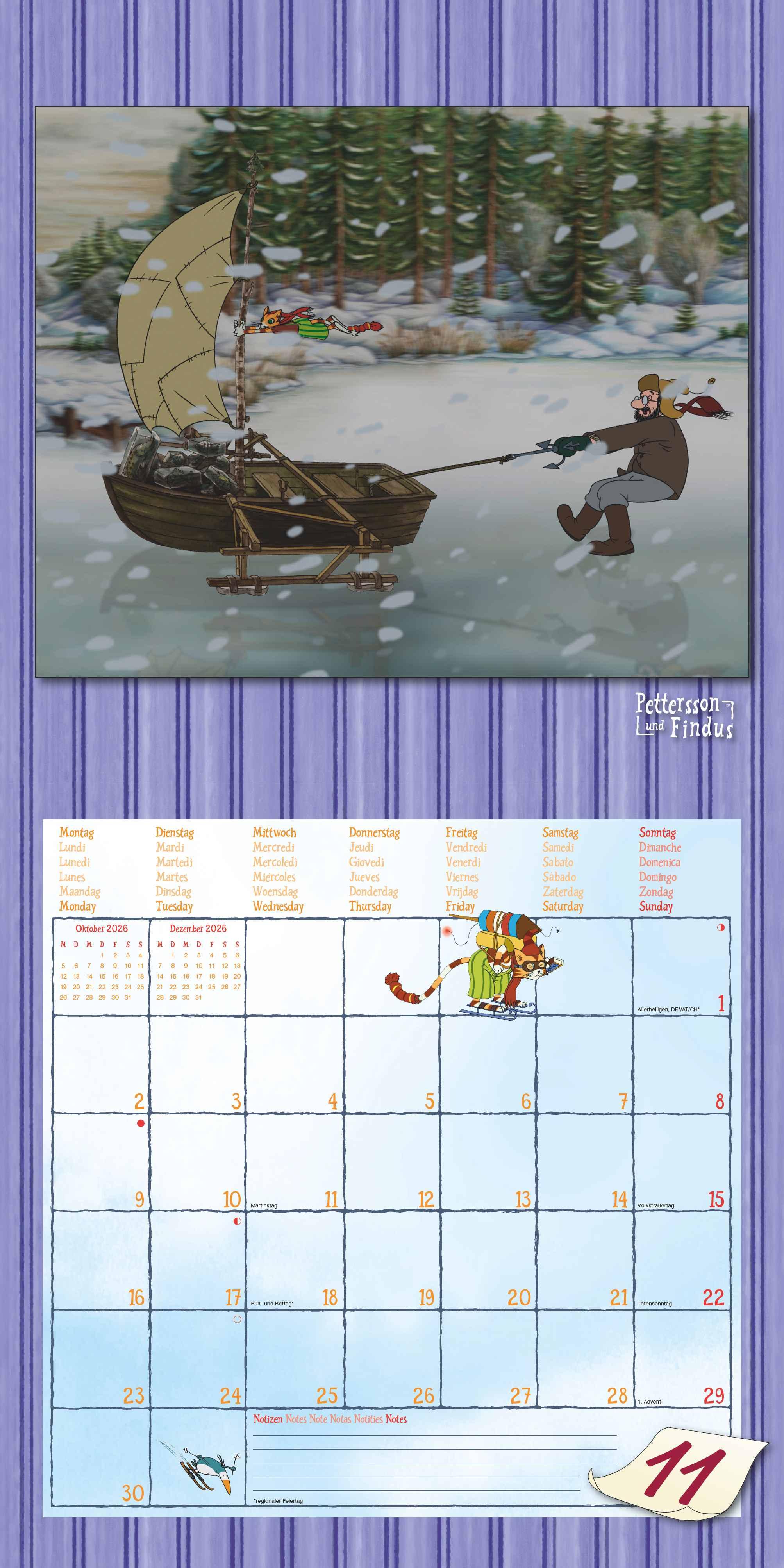 Beispielinhalt (Bild) Pettersson & Findus 2026 - Broschürenkalender 30x30 cm (30x60 geöffnet) - Kalender mit Platz für Notizen - mit herausnehmbarem Poster - Wandkalender