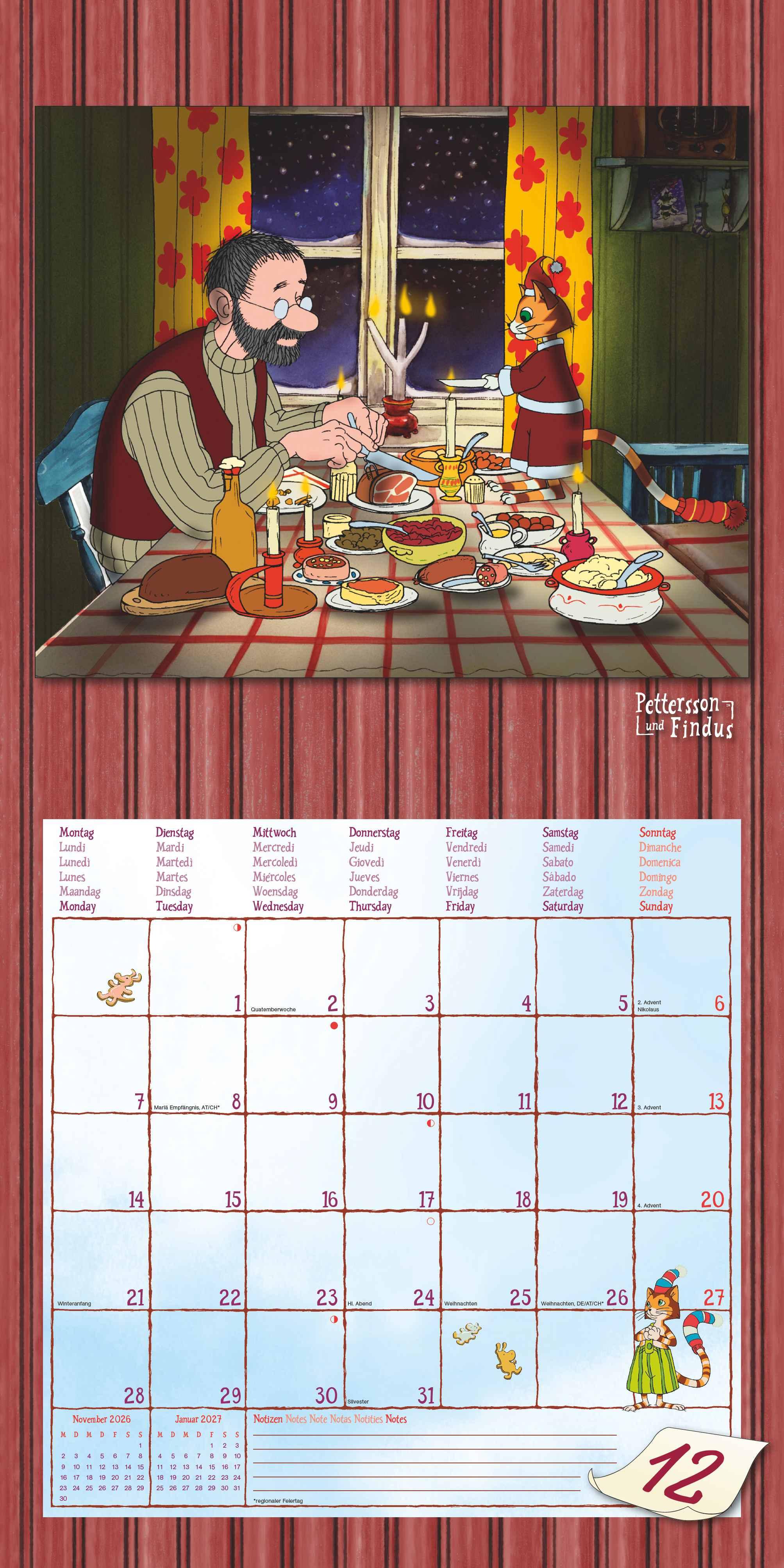 Beispielinhalt (Bild) Pettersson & Findus 2026 - Broschürenkalender 30x30 cm (30x60 geöffnet) - Kalender mit Platz für Notizen - mit herausnehmbarem Poster - Wandkalender