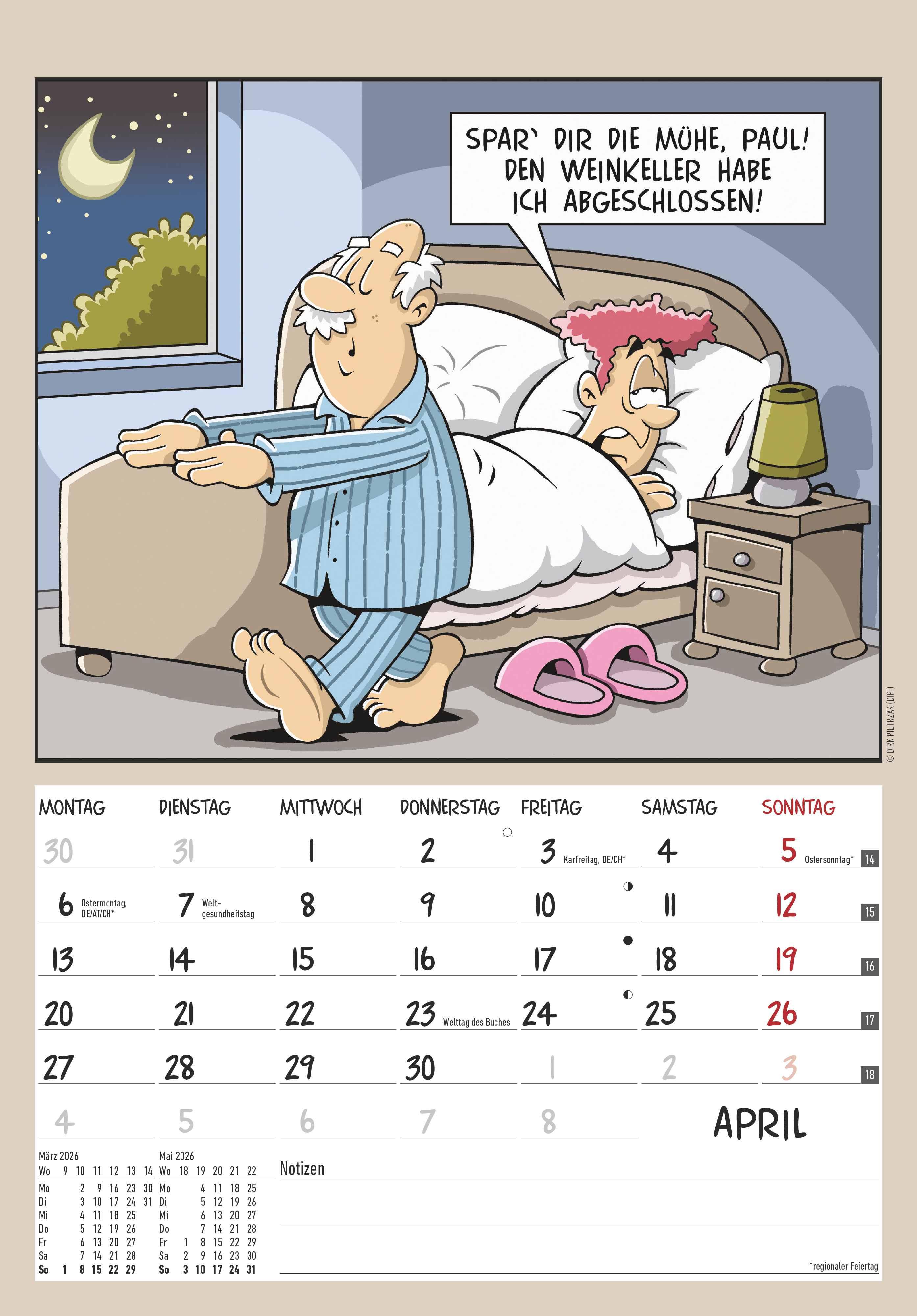 Beispielinhalt (Bild) Der Rentner-Kalender 2026 - Bild-Kalender 23,7x34 cm - mit lustigen Cartoons - Humor-Kalender - Comic - Wandkalender - mit Platz für Notizen - Alpha Edition