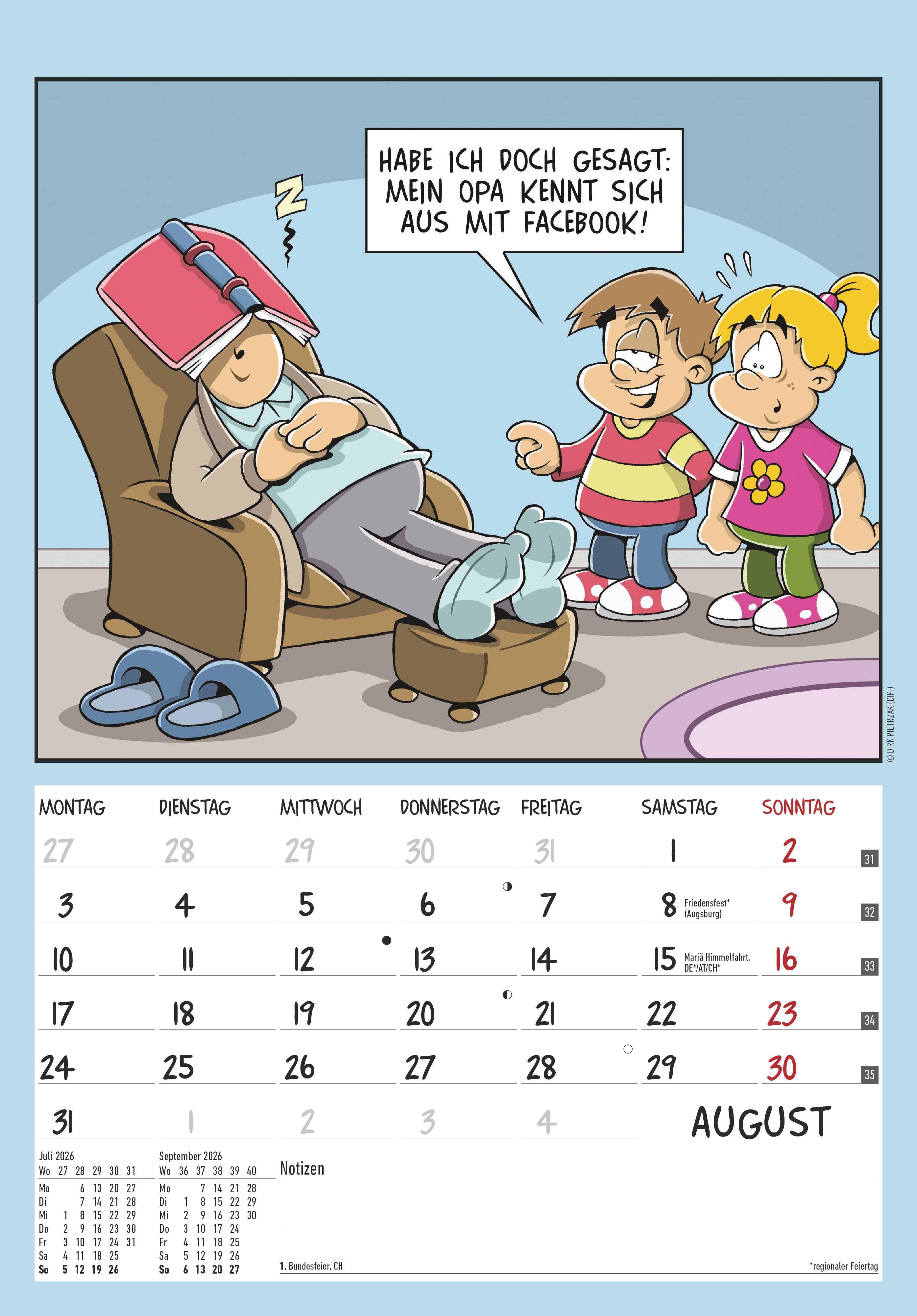 Beispielinhalt (Bild) Der Rentner-Kalender 2026 - Bild-Kalender 23,7x34 cm - mit lustigen Cartoons - Humor-Kalender - Comic - Wandkalender - mit Platz für Notizen - Alpha Edition